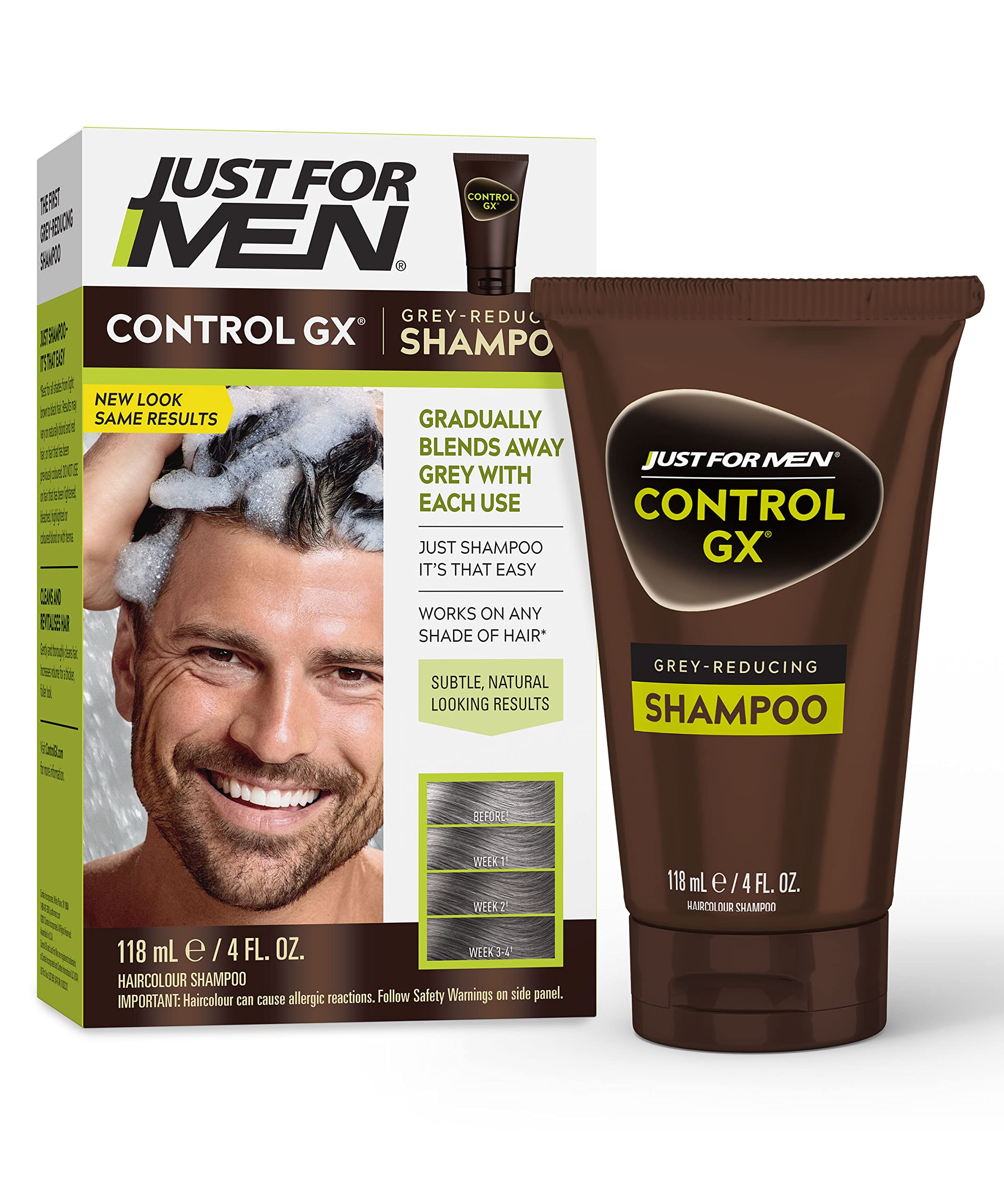 Just For Men Control GX Grey Reducing Shampoo, Gradual Hair Color for Stronger and Healthier Hair, 4 Fl Oz - Pack of 1 (Packagin
