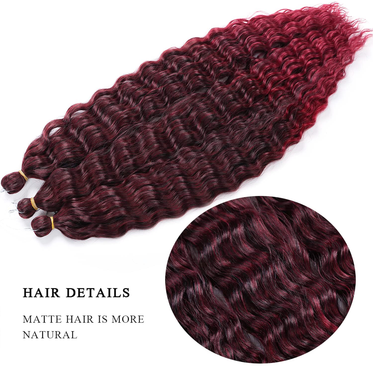Burgundy Curly Braiding Crochet Hair Dark red Ocean Wave Crochet hair 22 inch 6Packs Deep Wave Crochet Hair Extensions for Women