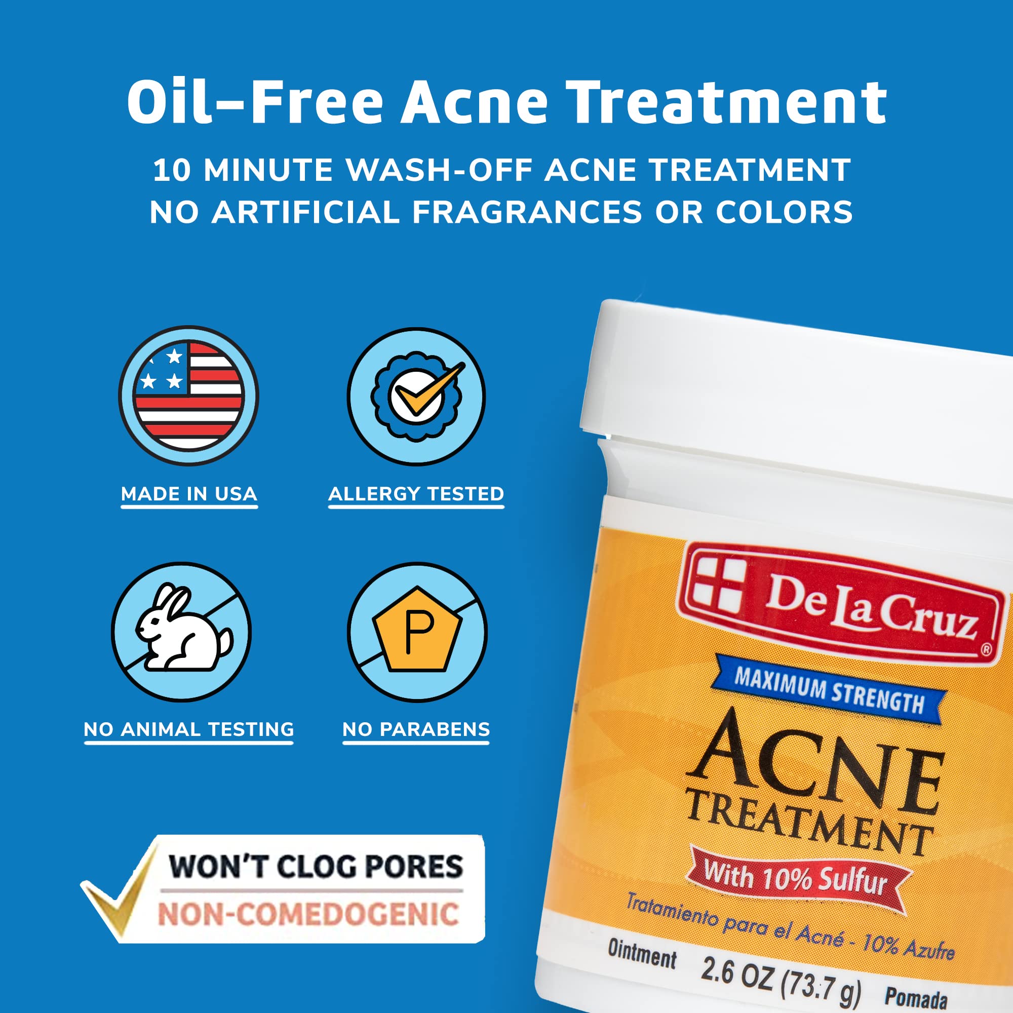De La Cruz 10% Sulfur Ointment - Cystic Acne Treatment for Face and Body - Daily 10 Min Spot Treatment Mask - Safe and Effective