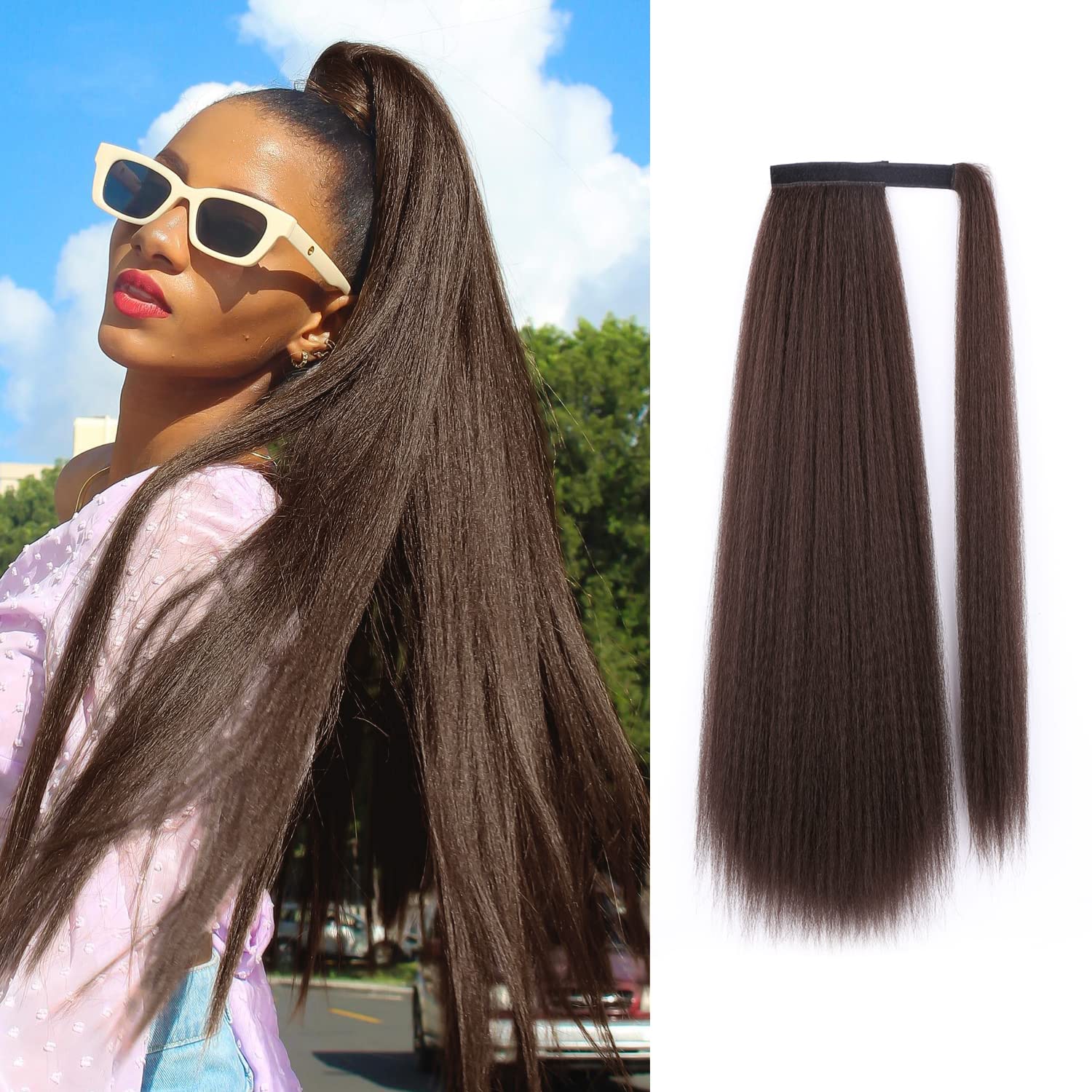 WIGNEE Kinky Straight Ponytail Wrap Around Long Ponytail Extension Natural Black Yaki Ponytail Extension for Black Women Pony Ta