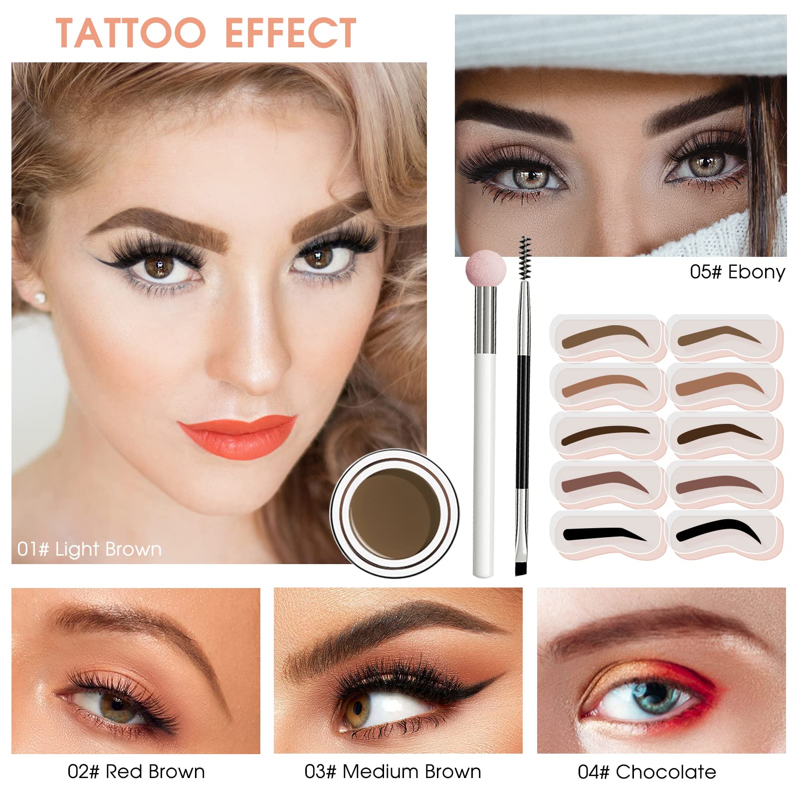 Eyebrow Stamp Stencil Kit - For Waterproof Eyebrows Makeup, Brow Stamp Trio Kit With Sponge Applicator, Dual-Ended Brow Brush, 1
