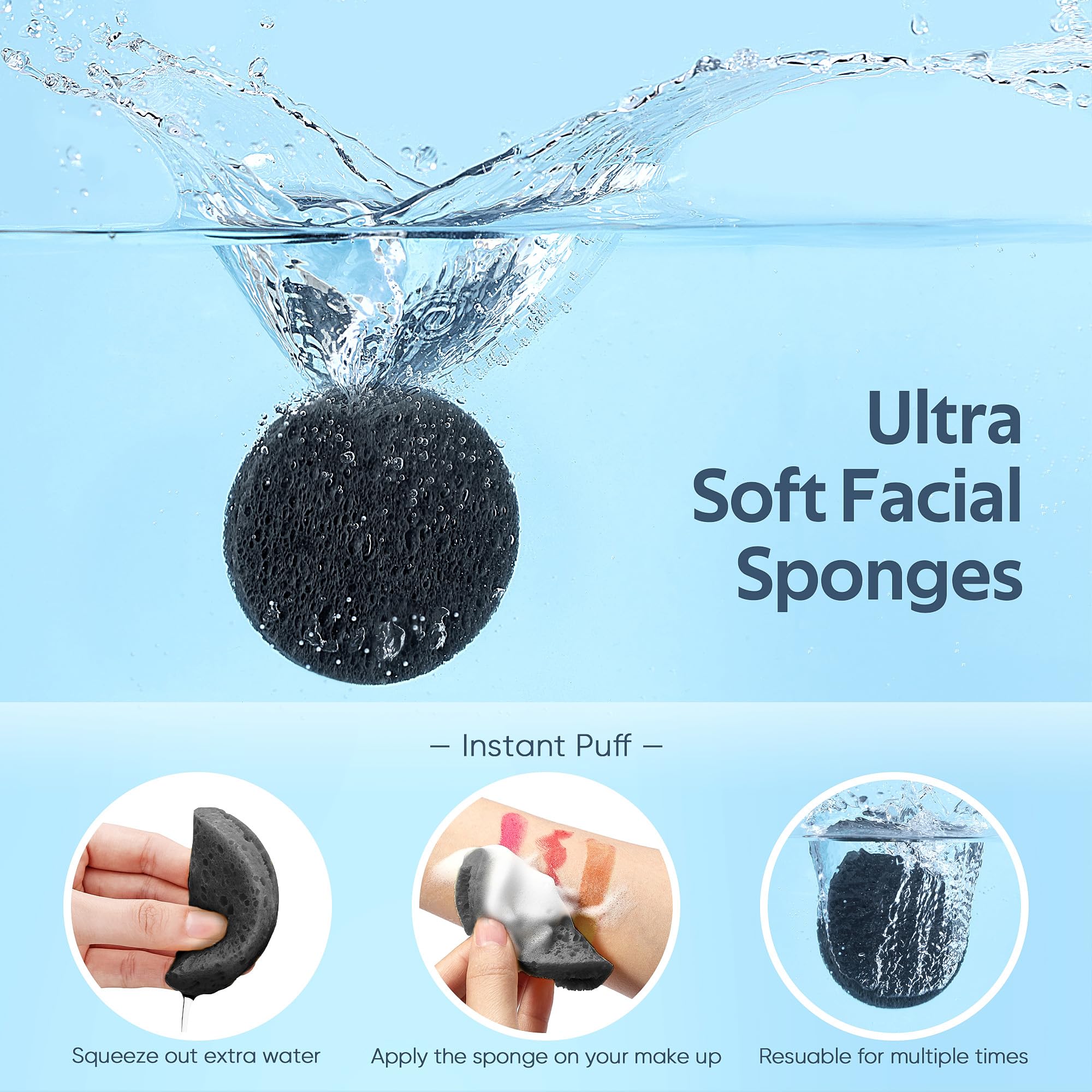 Gainwell 50-Count Black Compressed Facial Sponges For Daily Facial Cleansing And Exfoliating, 100% Natural Cosmetic Spa Sponges