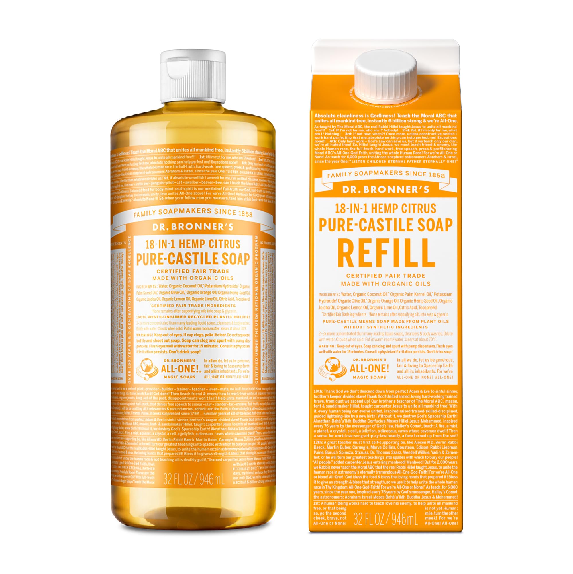 Dr. Bronner 'S - Pure-Castile Liquid Soap Bottle & Refill Carton Made With 82% Less Plastic (Citrus, 32 Oz) - Face, Body, Hair,