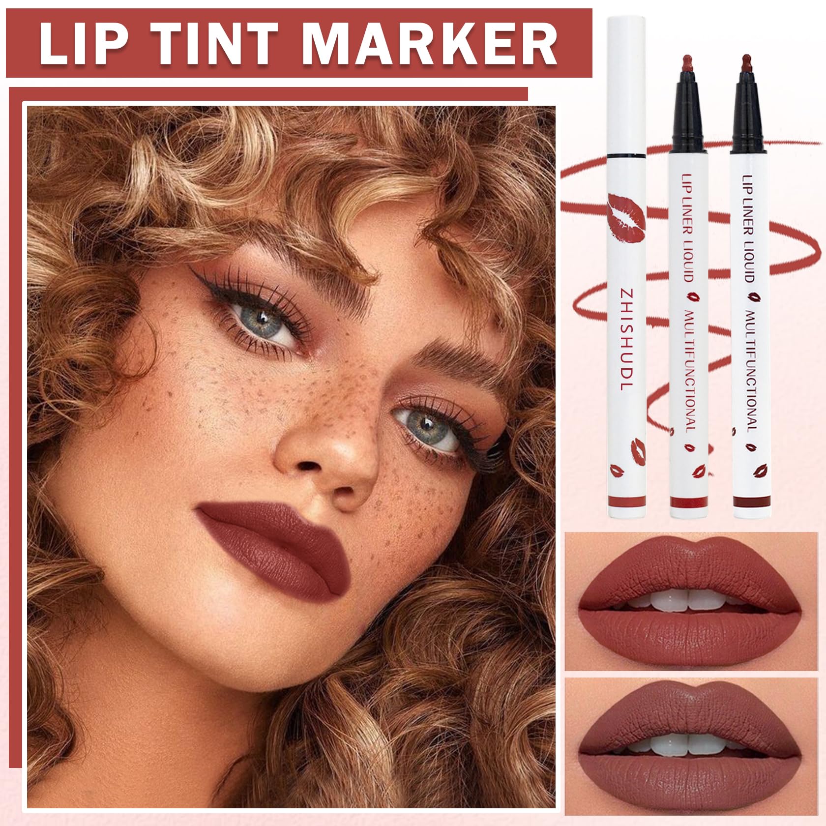 Zhishudl 2Pcs Lip Tint Stain Marker Dark Red Matte Liquid Lipstick & Lip Liner Pencil Long Lasting Waterproof Lip Liner Stain No