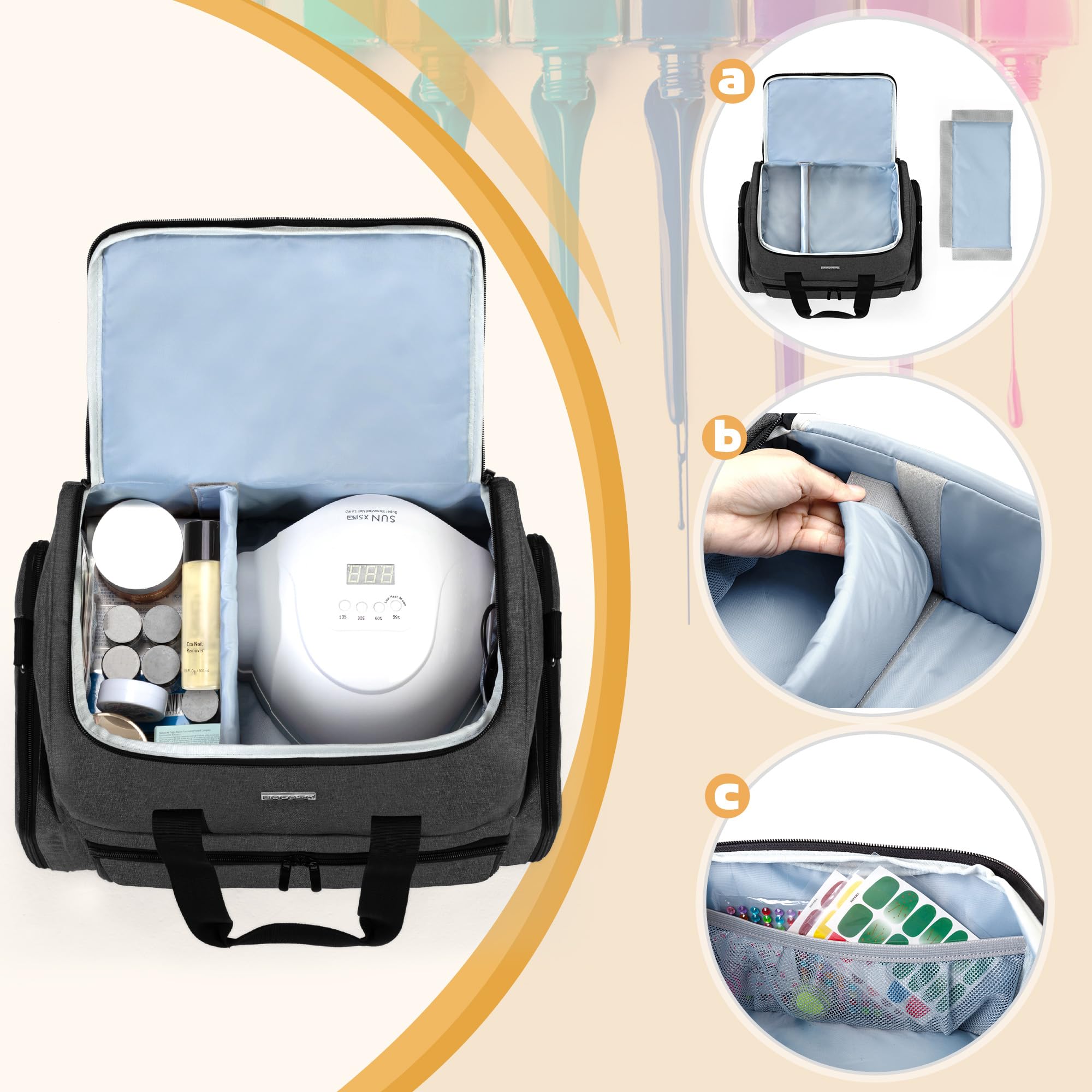 BAFASO Nail Polish Organizer Holds 80 Bottles (15ml - 0.5 fl.oz) and a UV Nail Lamp, Nail Polish Case with 2 Removable Pouches a