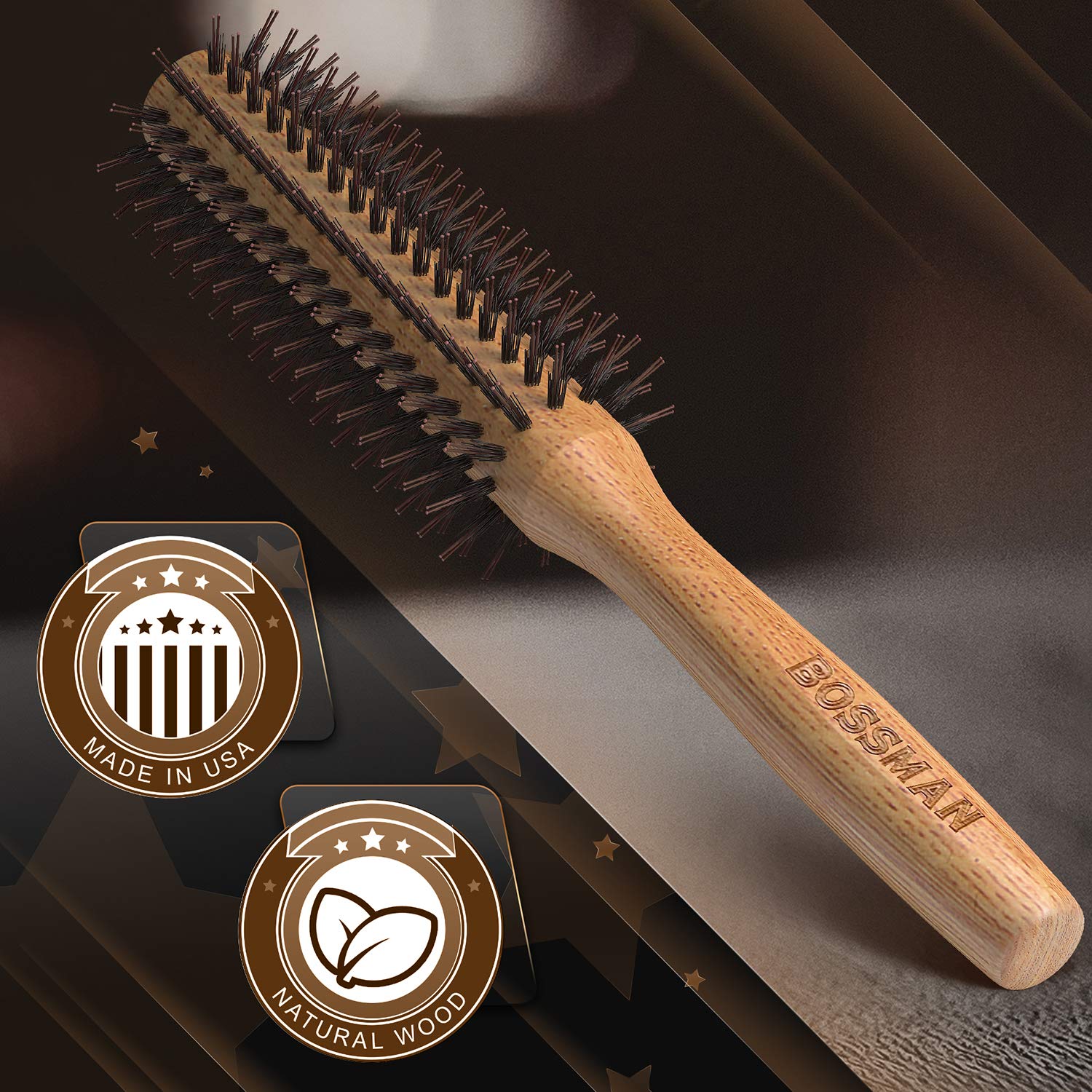 Bossman 2'' Round Boar & Nylon Bristle Hair Brush for Blow Dryer, Styling, Curling, Detangling and Straightening