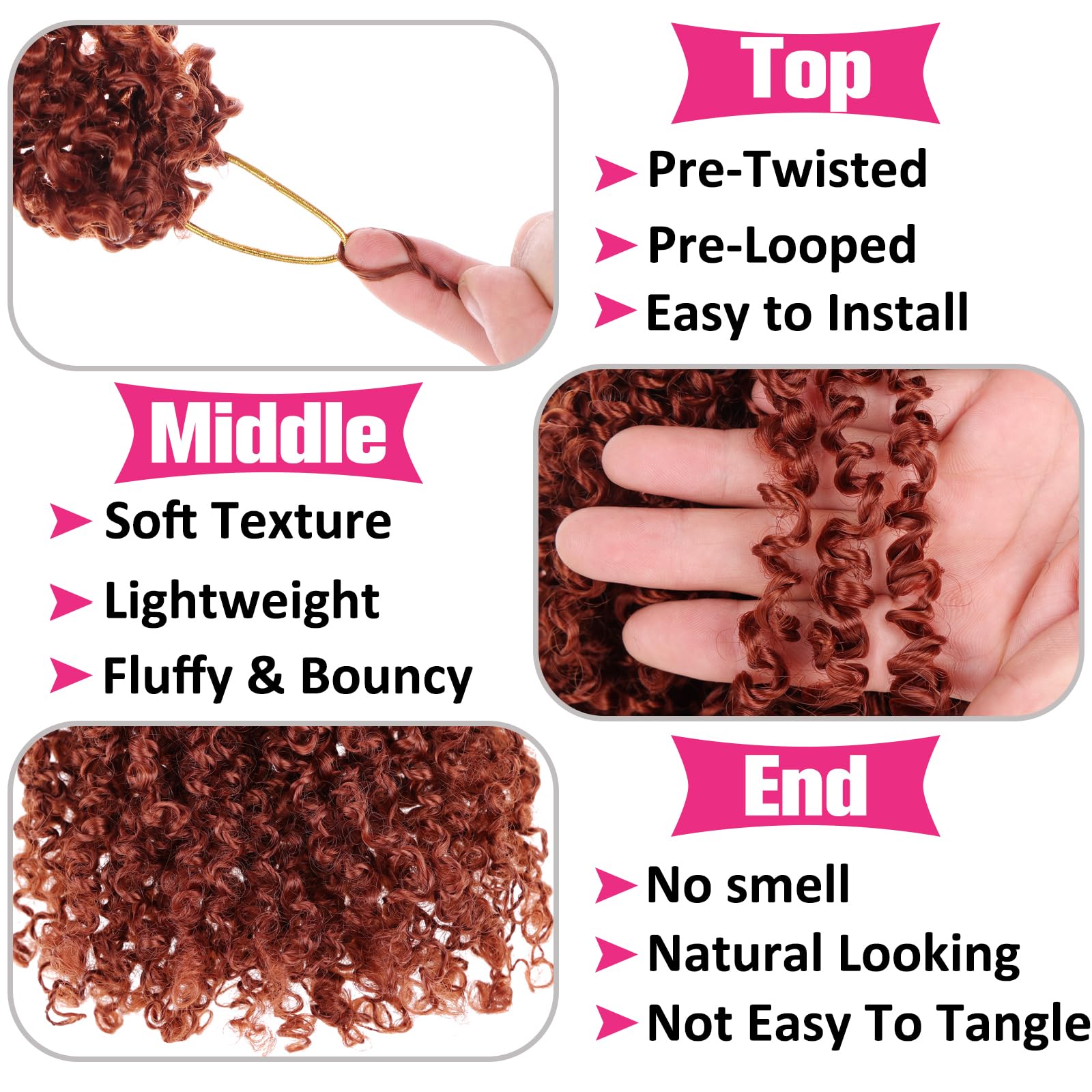 Unionbeauty 8 Inch 8 PCS Yanky Twist Crochet Hair Copper Red Pre-Twisted Passion Twist Crochet Braids Hair Ginger Synthetic Croc