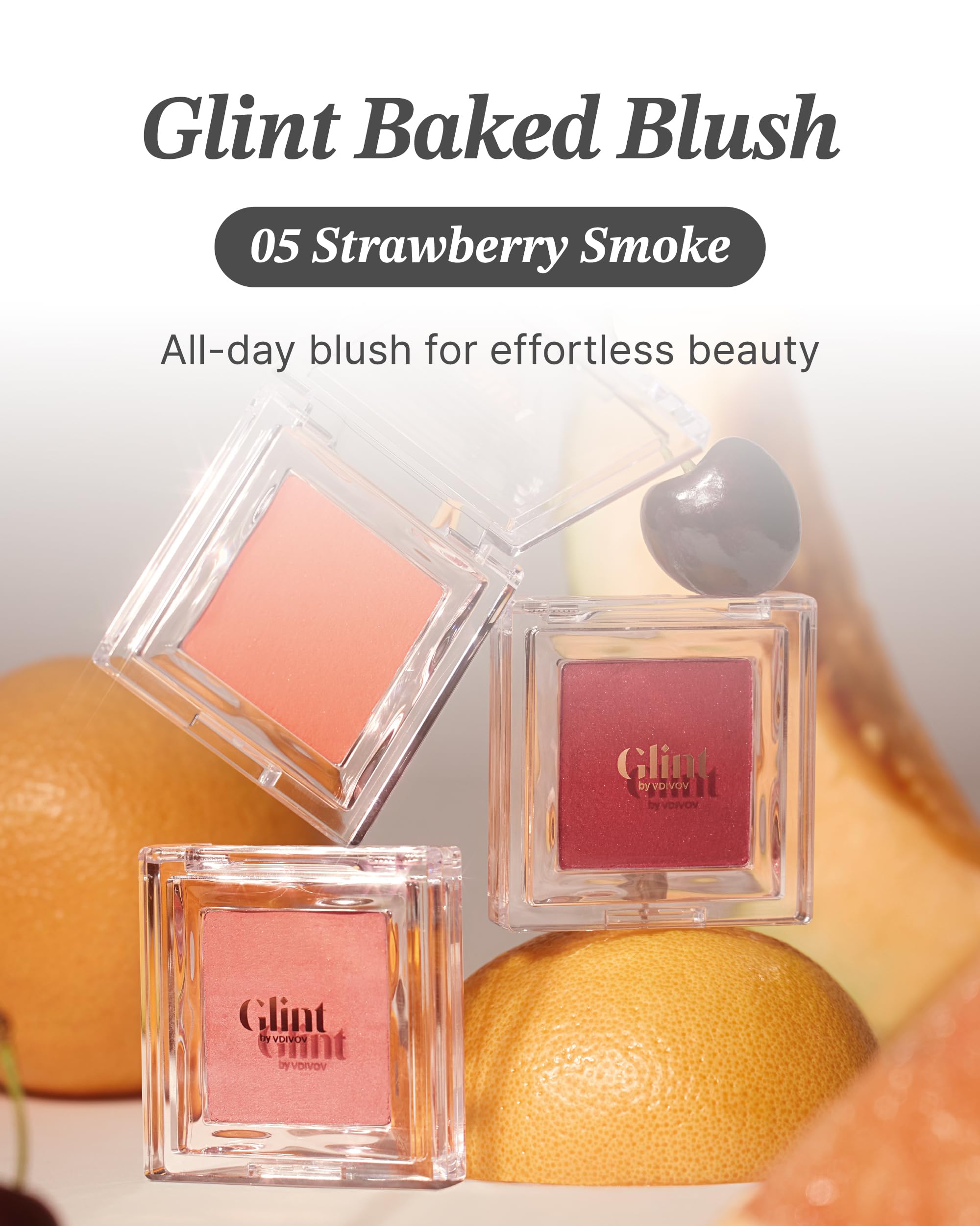 Glint Baked Blush (Strawberry Smoke, 0.08oz) - Long-Lasting, All-Day Face Blush Powder for a Natural Look. Korean Skin Care Make