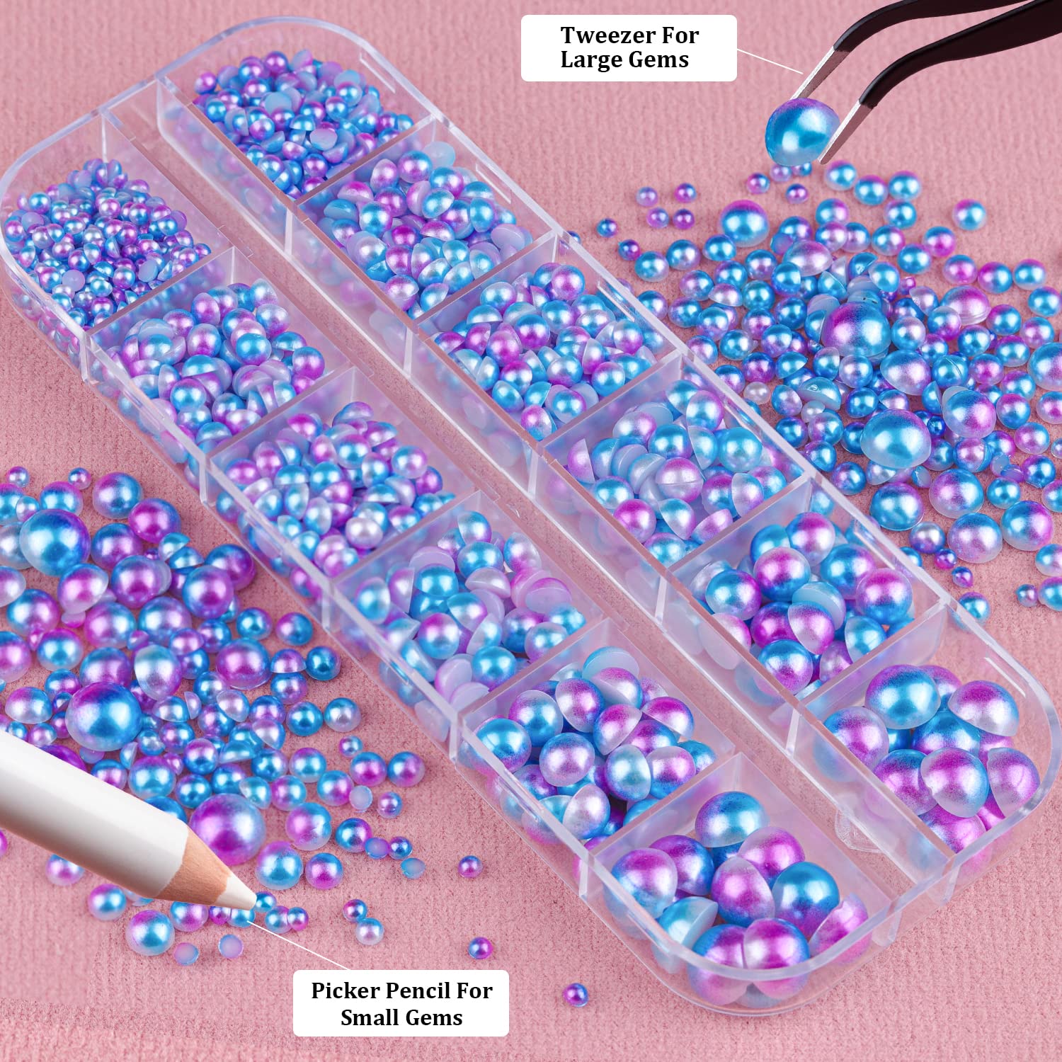 Belleboost Flat Back Pearls Kits 2 Boxes Of Flatback Blue Mermaid Half Round Pearls With Pickup Pencil And Tweezer For Home Diy