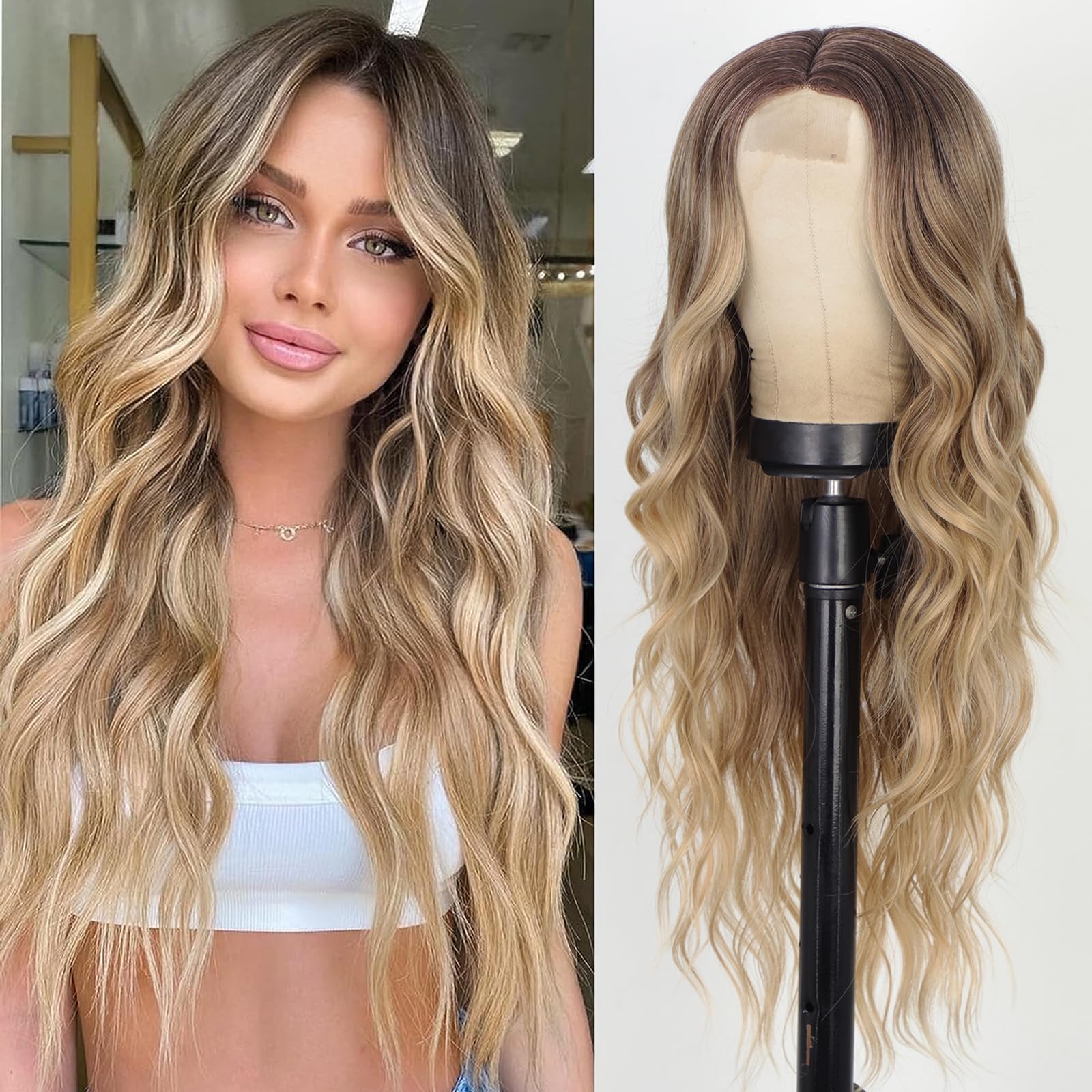 AISI QUEENS Long Blonde Wigs for Women, Ombre Blonde Curly Wavy Wigs, Synthetic Heat Resistant Fiber Wigs Hair Replacement Wigs 