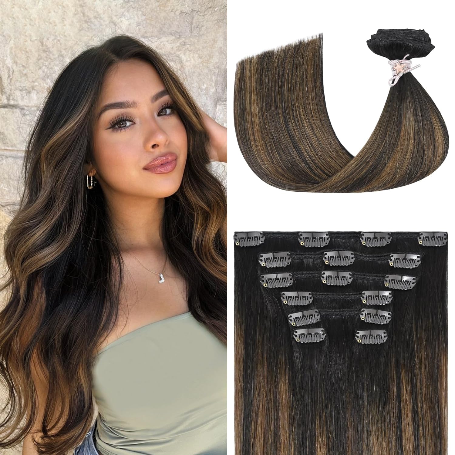 Aison Clip in Hair Extensions 70G Dark Brown to Chestnut Brown 100% Remy Human Hair Clip in Extensions 18 Inch Silky Straight 7p