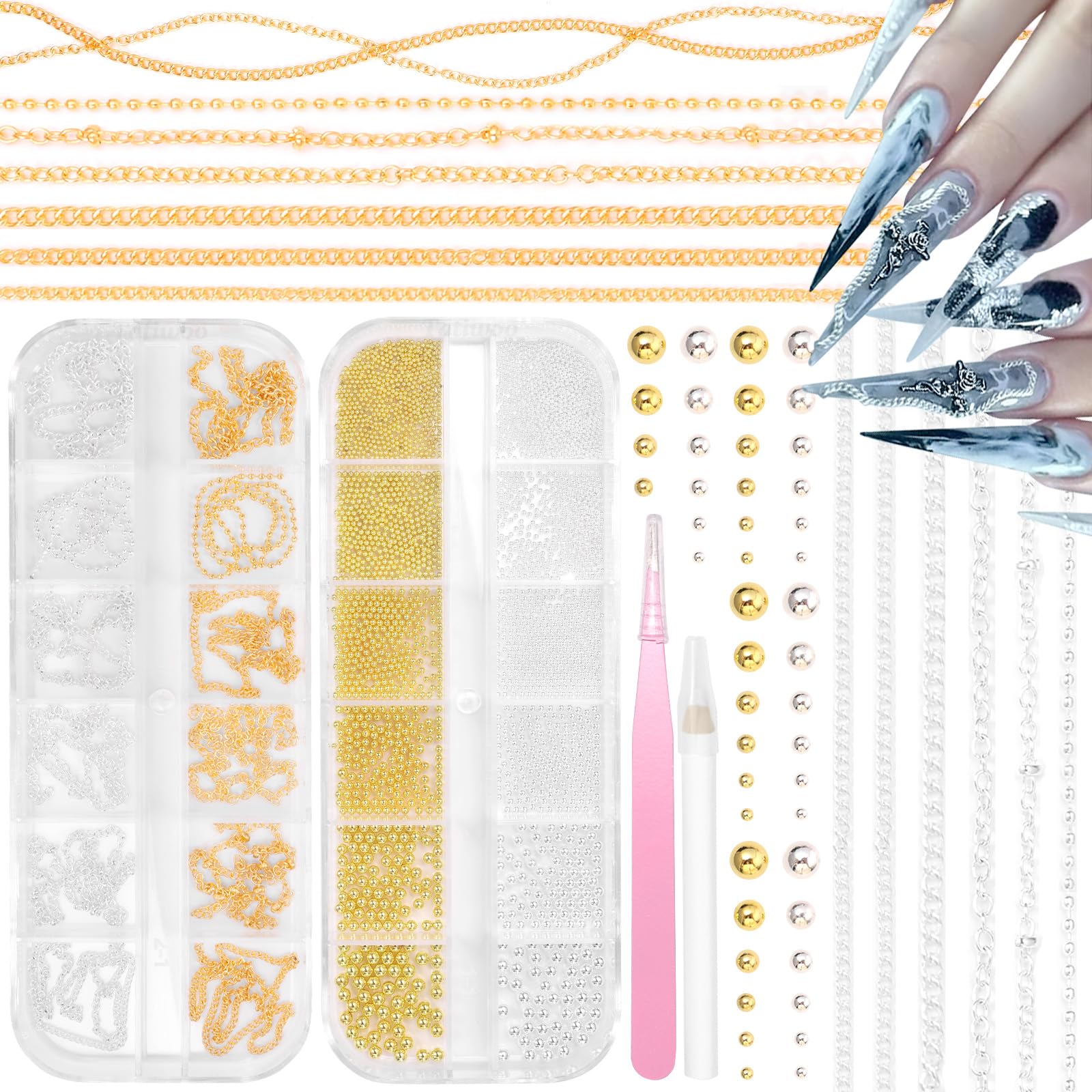 2 Boxes Nail Chain Charms and Round Beads for Nail Art, Gold Silver Line Nails Art Chains Mixed Sizes Round Caviar Steel Ball Na