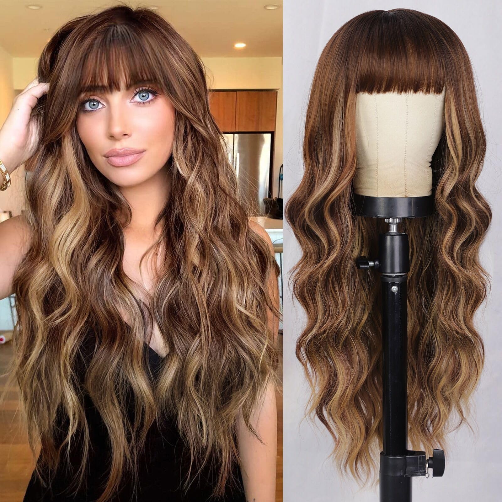 AISI QUEENS Wigs with Bangs Brown Highlight Wigs for Women Long Wavy Wigs with Dark Roots Synthetic Heat Resistant Fibre Brown M