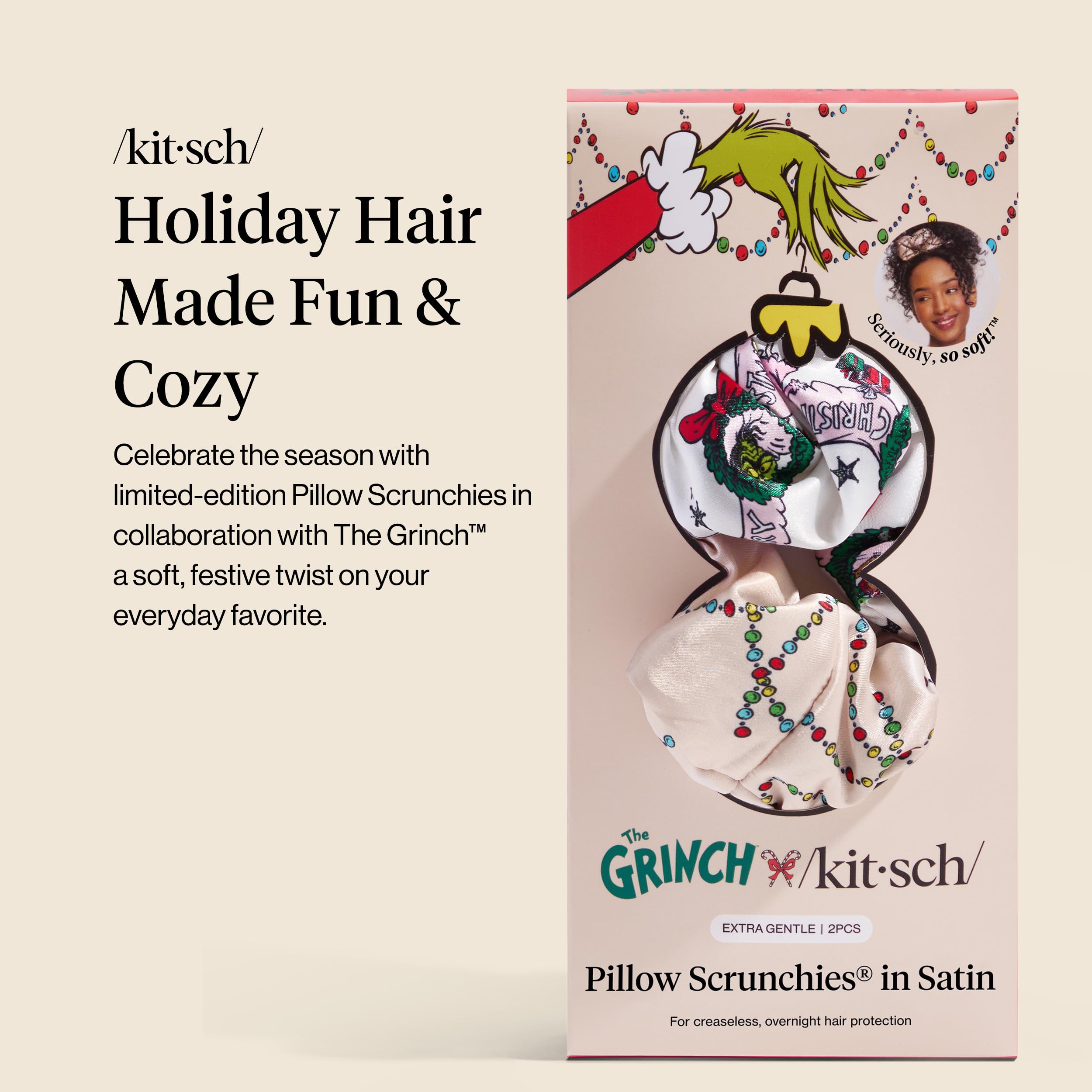 The Grinch x Kitsch Pillow Satin Scrunchies for Women - Hair Ties No Damage, No Crease Hair Accessories | For Day or Night Use |