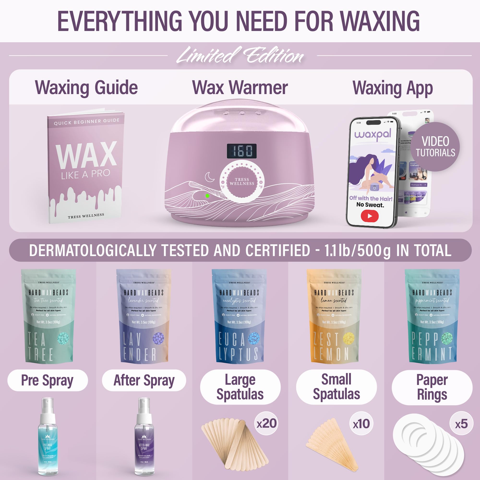 Tress Wellness Waxing Kit For Brazilian Wax - Easy To Use - For Sensitive Skin - Digital Display, Misty Lilac