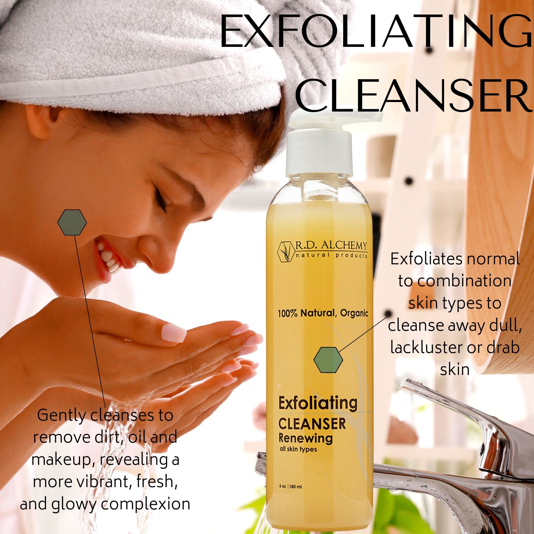 RD Alchemy - 100% Natural & Organic Exfoliating Cleanser - Natural Face Wash for All skin Types. Sulfate Free, with AHAs Gently