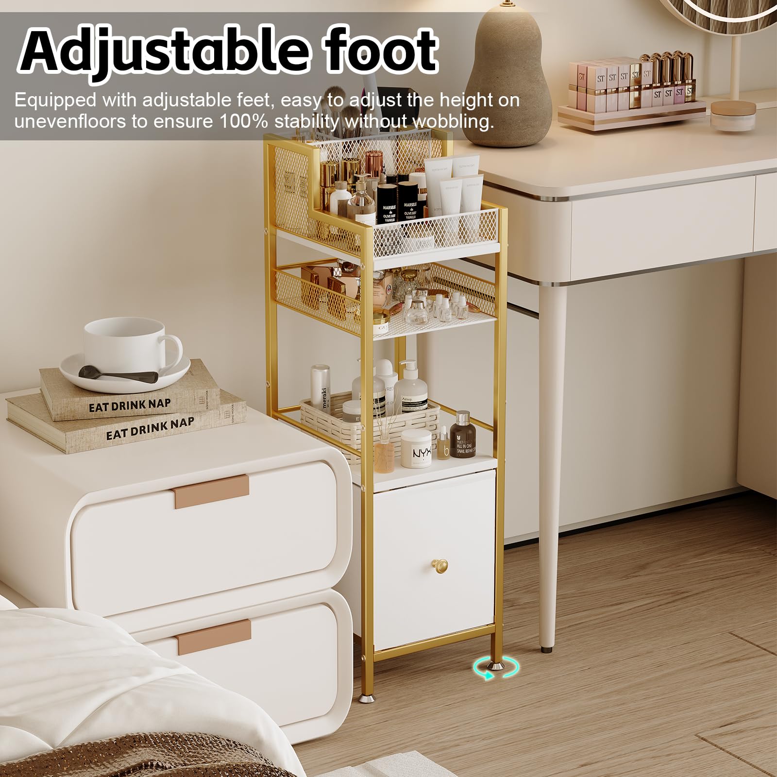 Makeup Organizer Storage Cart with Drawers, Large Floor Makeup Skincare Organizers, Rolling Makeup Cart Vanity Organizer Cosmeti