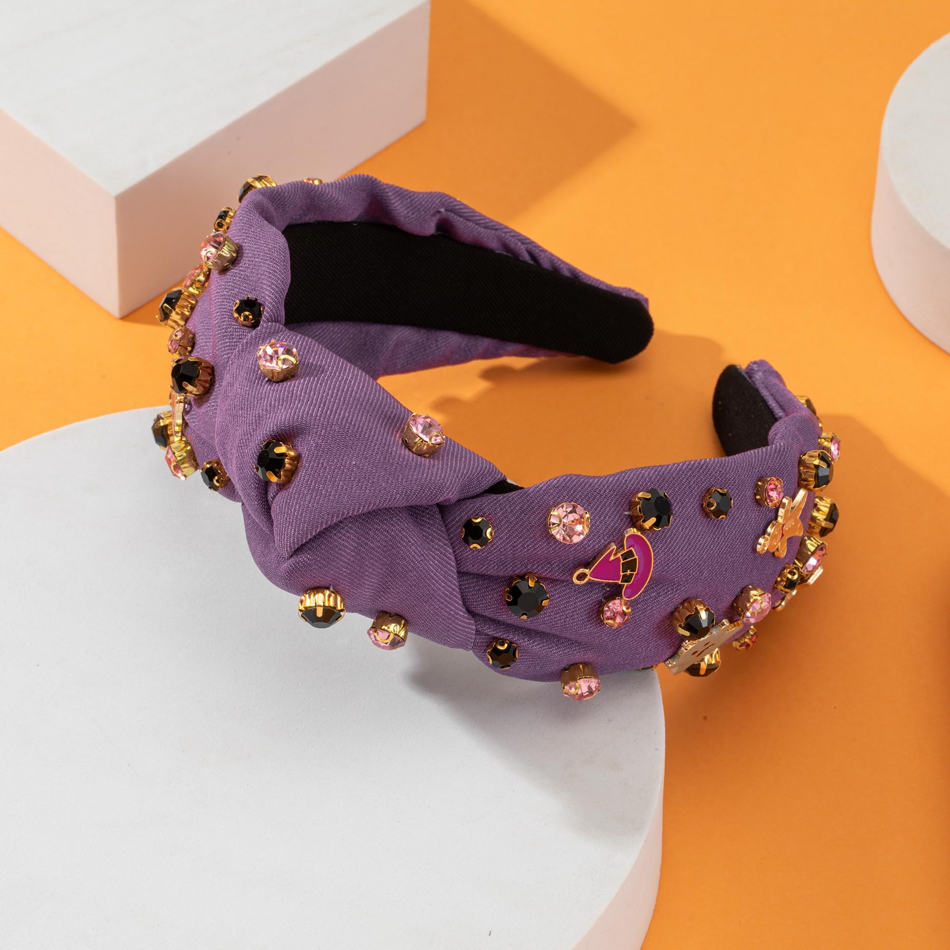 Halloween Rhinestone Knotted Jeweled Headband for Women - Purple Witch Hat Ghost Embellished Mixed Top Hairband - Ladies Twist W