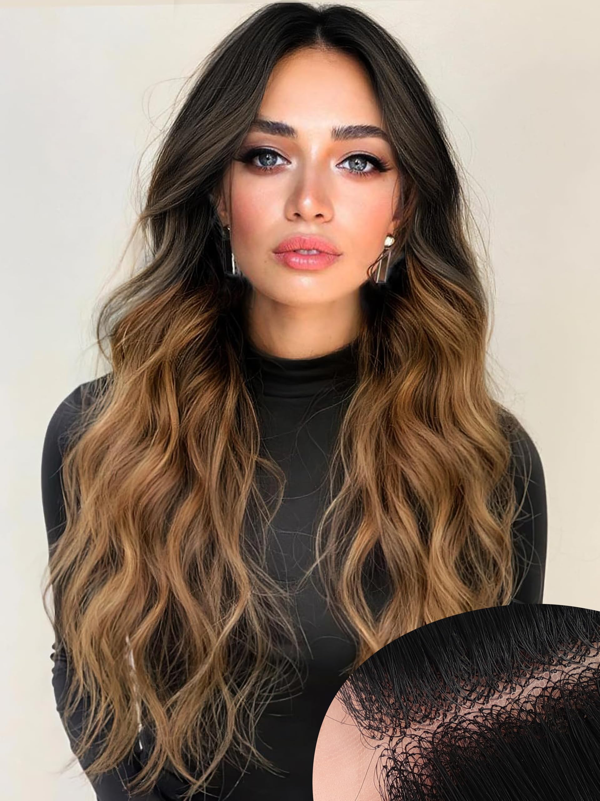 AISI HAIR Brown Wig for Women, Long Wavy Black To Brown Lace Hairline Wig, 26 Inch Middle Part Synthetic Heat Resistant Wig for 