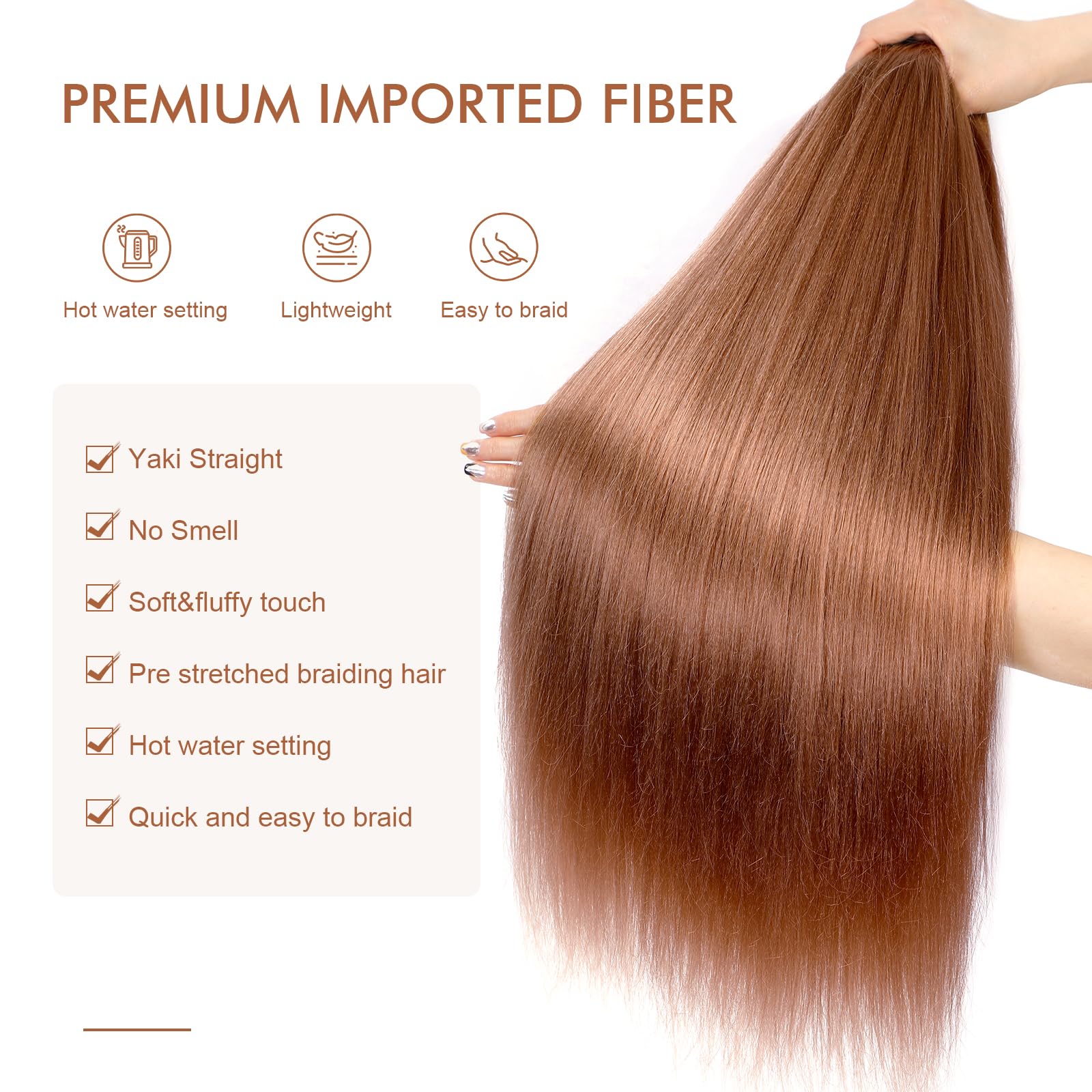 Difunee Pre-Stretched Braiding Hair - 24 Inch 8 Packs Brown Long Braiding Hair For Twist Or Box Braids, Yaki Texture Hot Water S