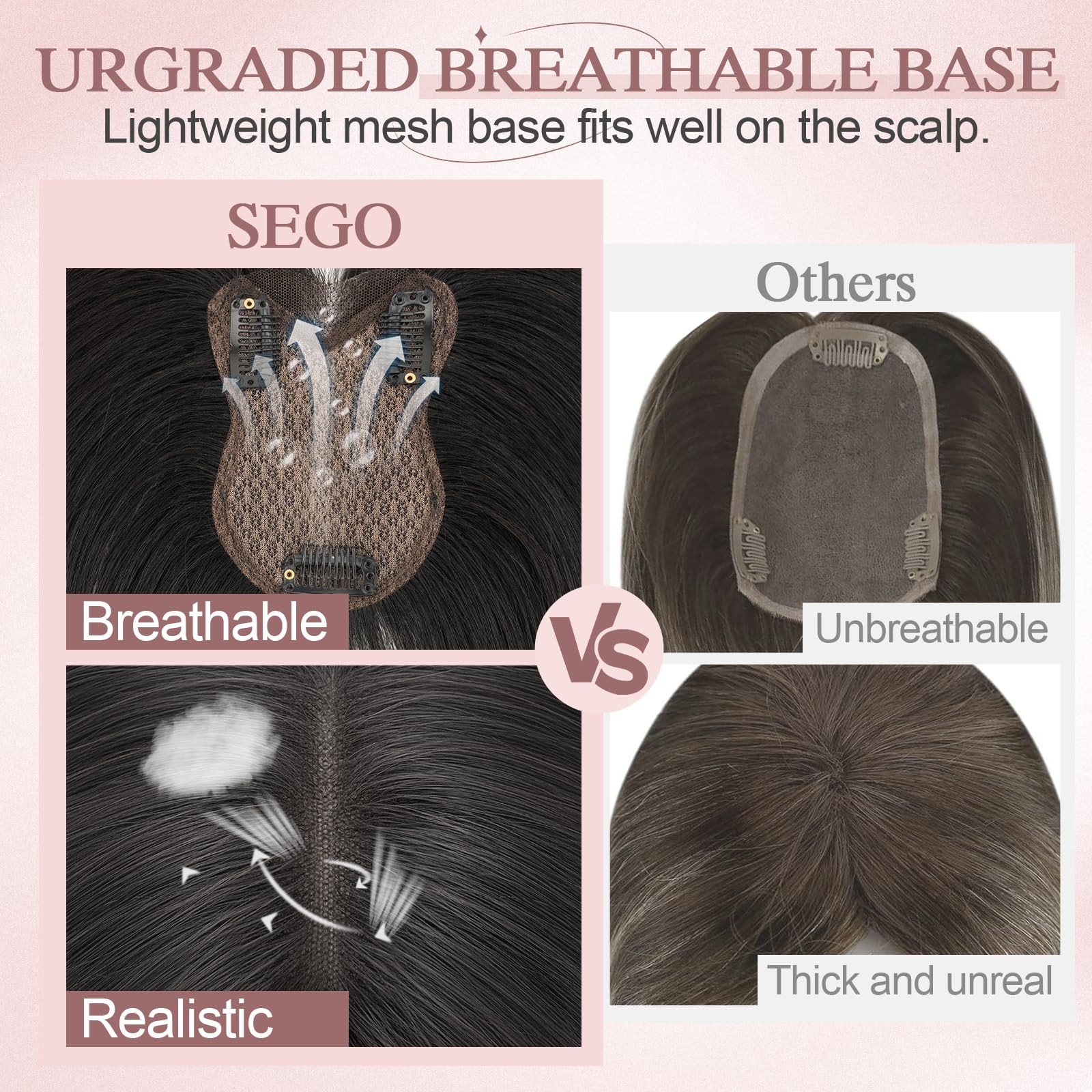 SEGO Human Hair Toppers With Bangs Double-Layer Hand-stitched Thinning Hair Toppers 3603D Coverage Hair Pieces Clip on Bangs for