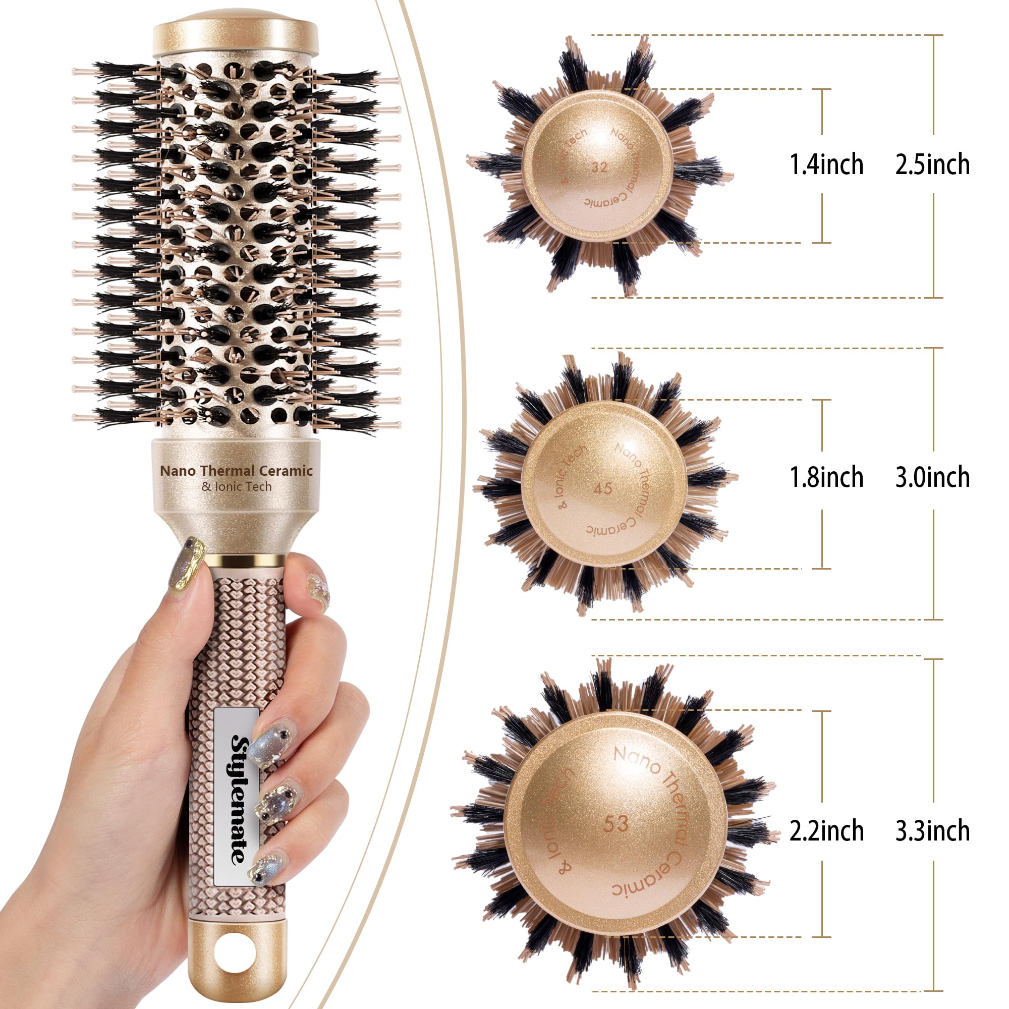 Stylemate Round Hair Brush For Blow Out, Nano Thermal Ceramic & Ionic Tech, 1.3 Inch Barrel, Boar Bristles, Roller Brush For Blo