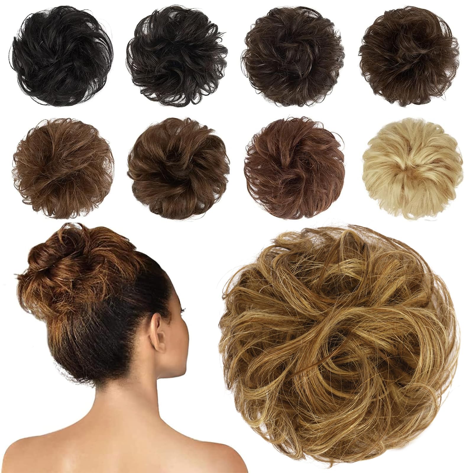 Feshfen Human Hair Messy Buns, 100% Human Hair Bun Hair Piece Real Hair Extension Wavy Curly Hair Scrunchies Tousled Updo Chigno