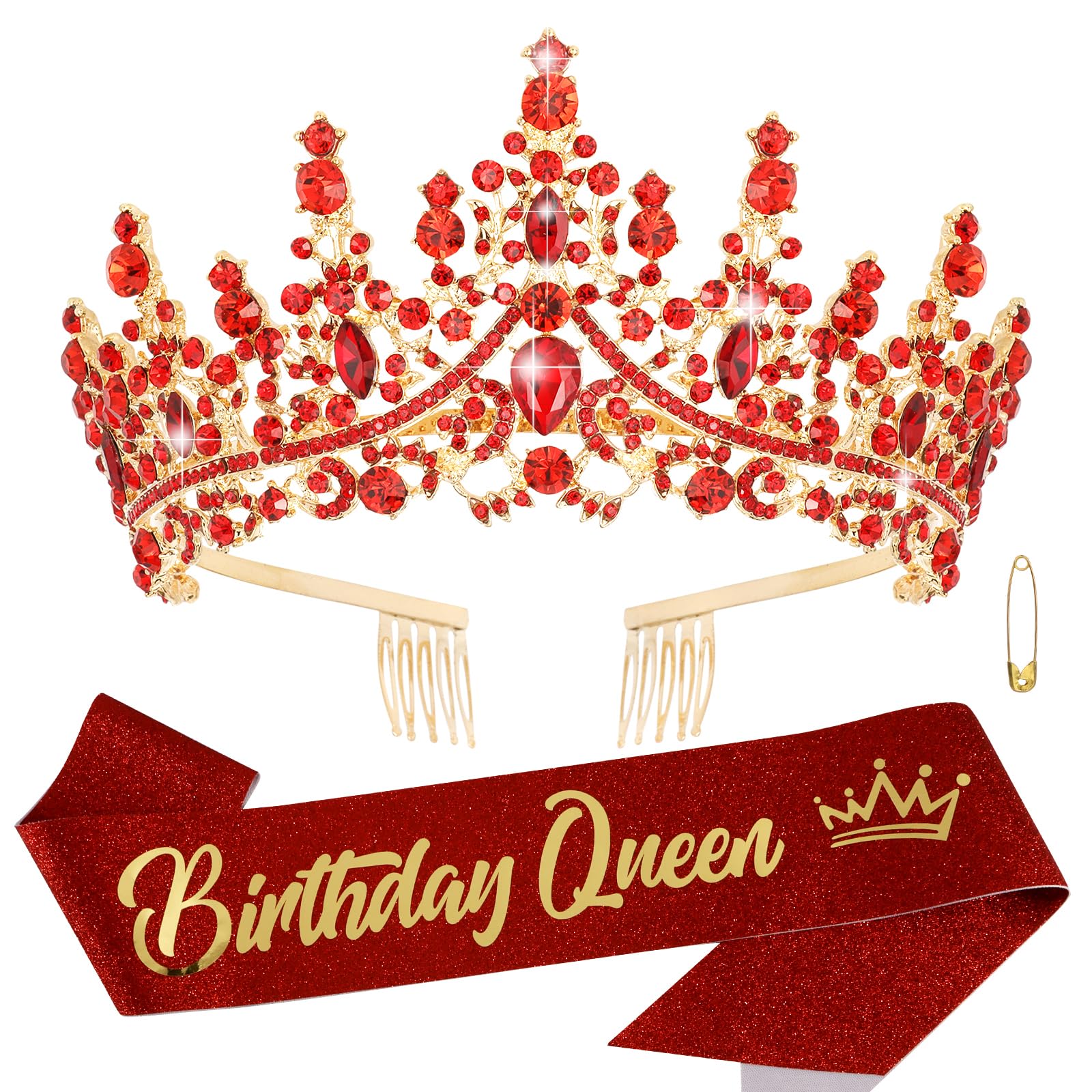 ATODEN Red Tiara Crown Birthday Queen Sash Tiaras and Crowns for Women Girls Crystal Princess Tiara Rhinestone Headbands Quincea