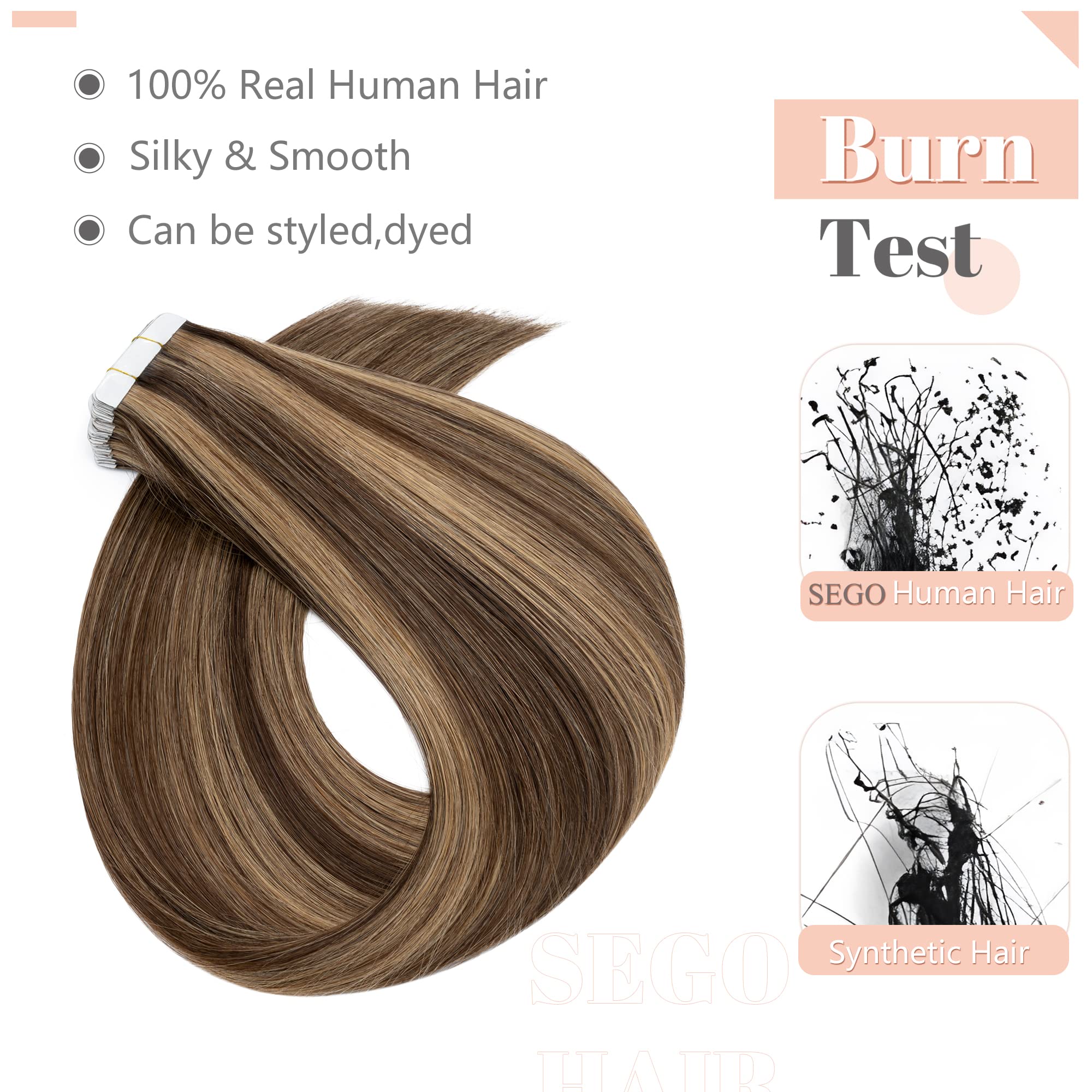Sego 18 Inch Tape In Hair Extensions Human Hair 100G 40Pcs Straight Balayage 100% Remy Rooted Seamless Skin Weft Invisible Doubl
