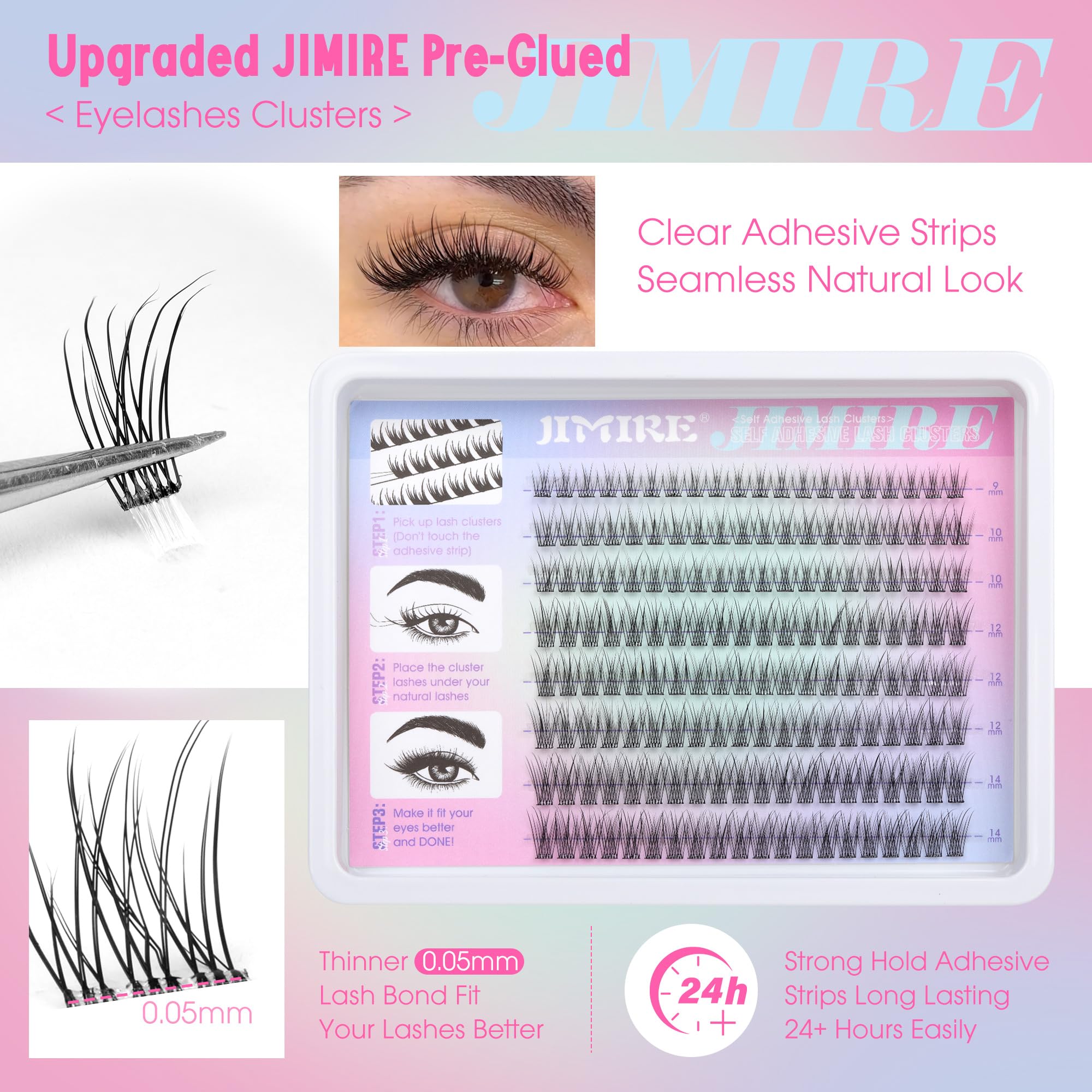 Jimire 160Pcs Self Adhesive Eyelashes Natural Look 9-14Mm Wispy Pre Glued Lash Clusters No Glue Needed Press On Lashes Clusters