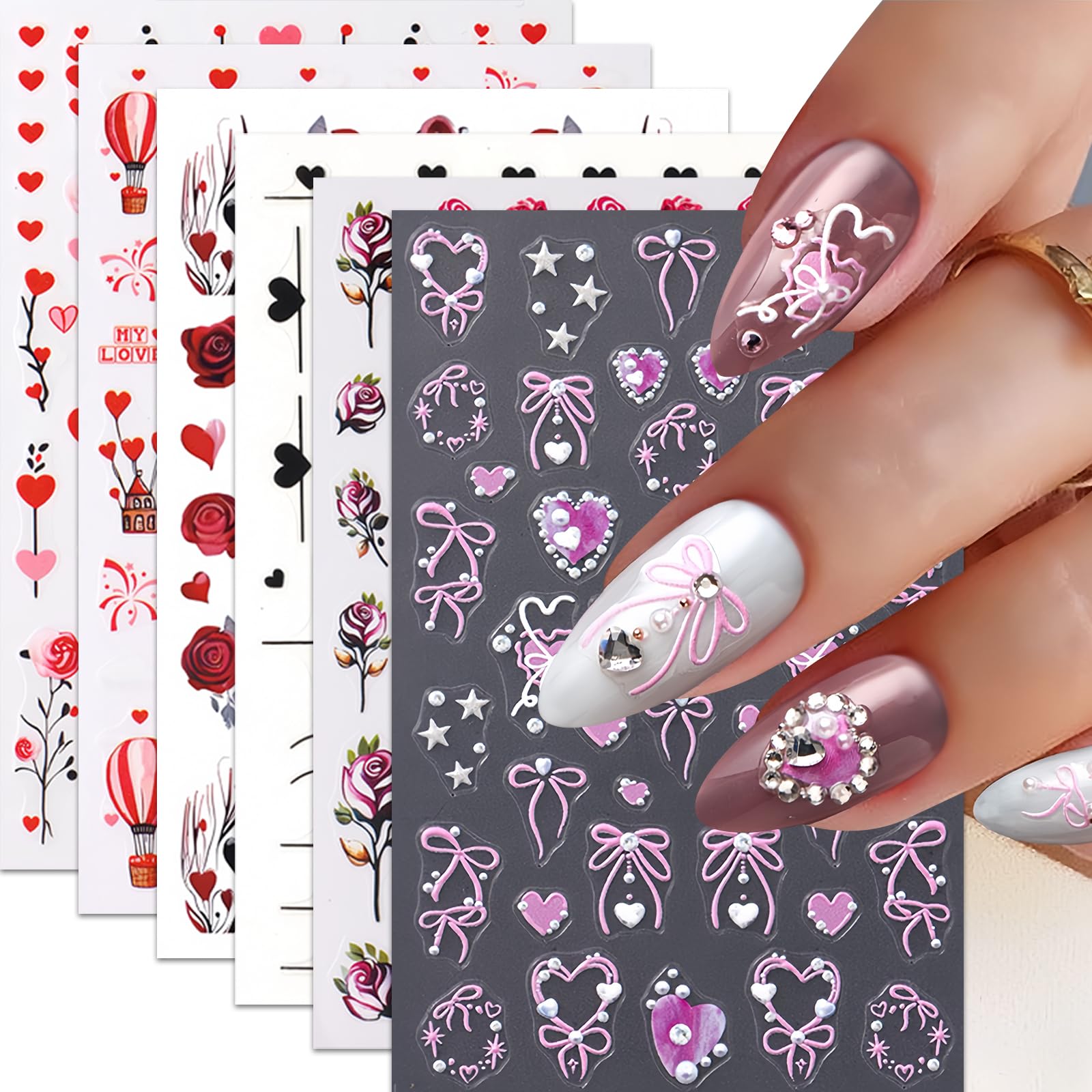6 Sheets Love Nail Art Stickers Decals Valentines Day DIY Self-Adhesive Nail Supplies Love Heart Self-Adhesive Rose Embossed Bow