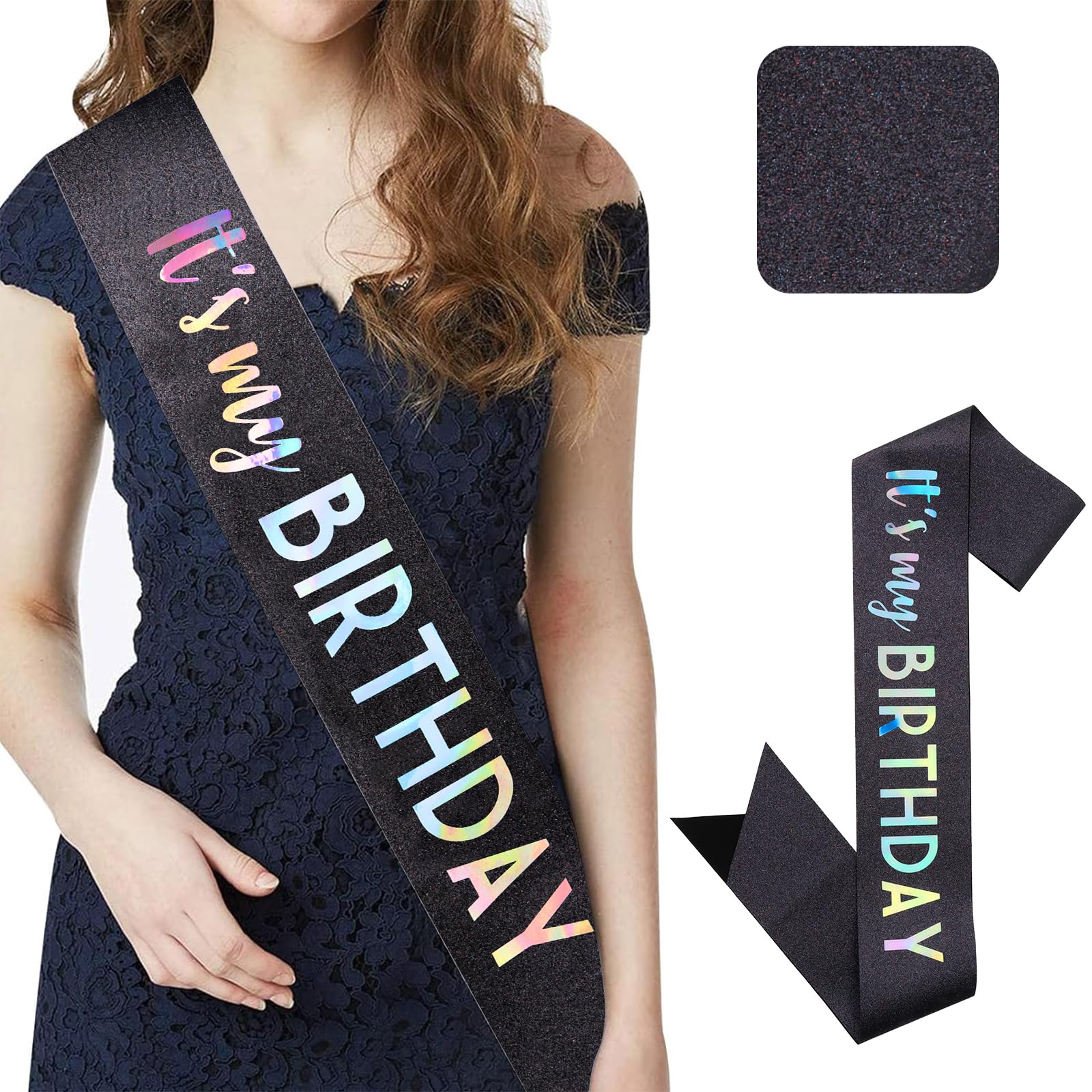 CIEHER 71.65 L x 3.6 W Black Birthday Sash - It's My Birthday Glitter Fabric Sash for Women, Girls, and All Ages