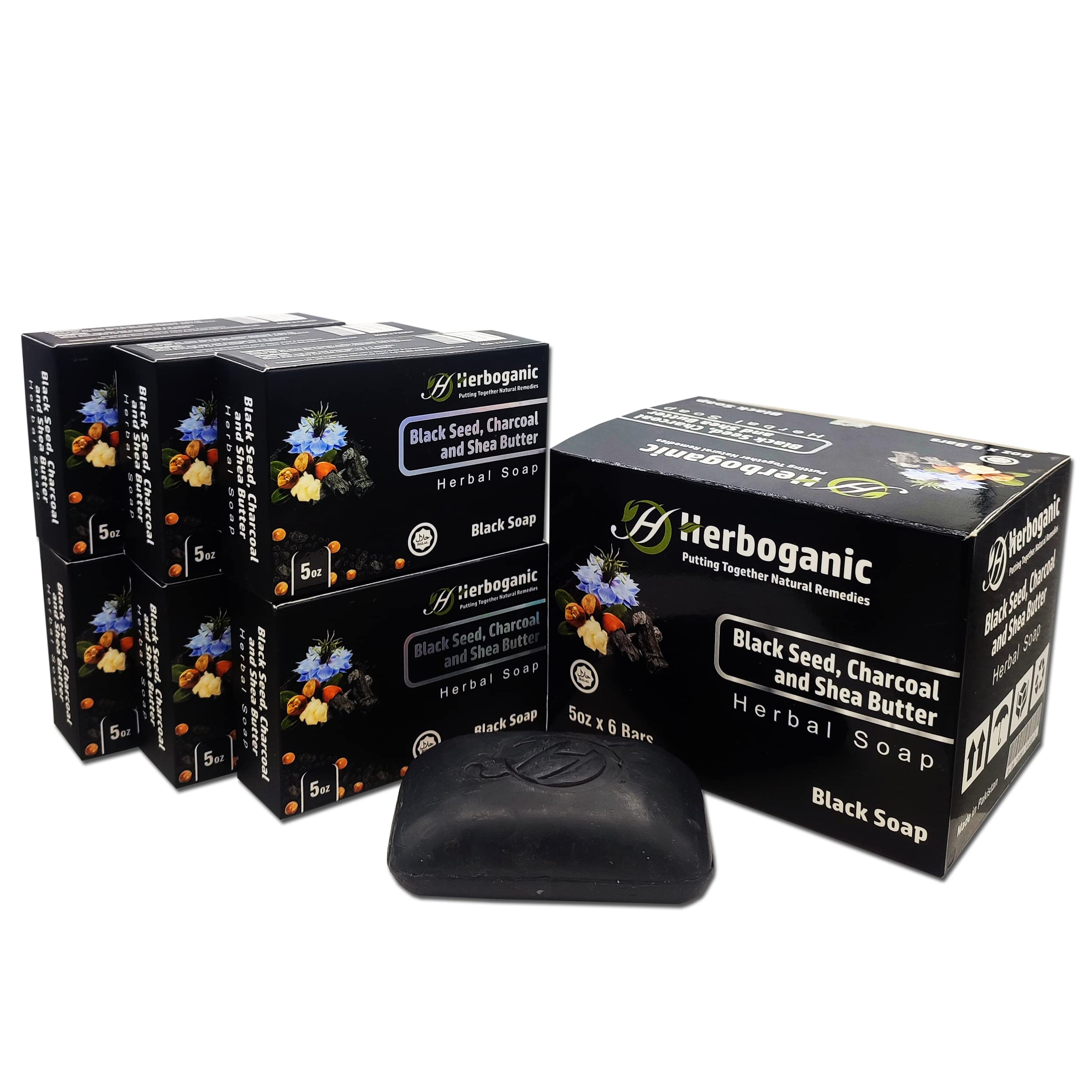 HERBOGANIC Black seed Charcoal and Shea butter Herbal Soap | Pack of 6 of 5oz soap Bar | Ideal for Men and Women, Soothing and N