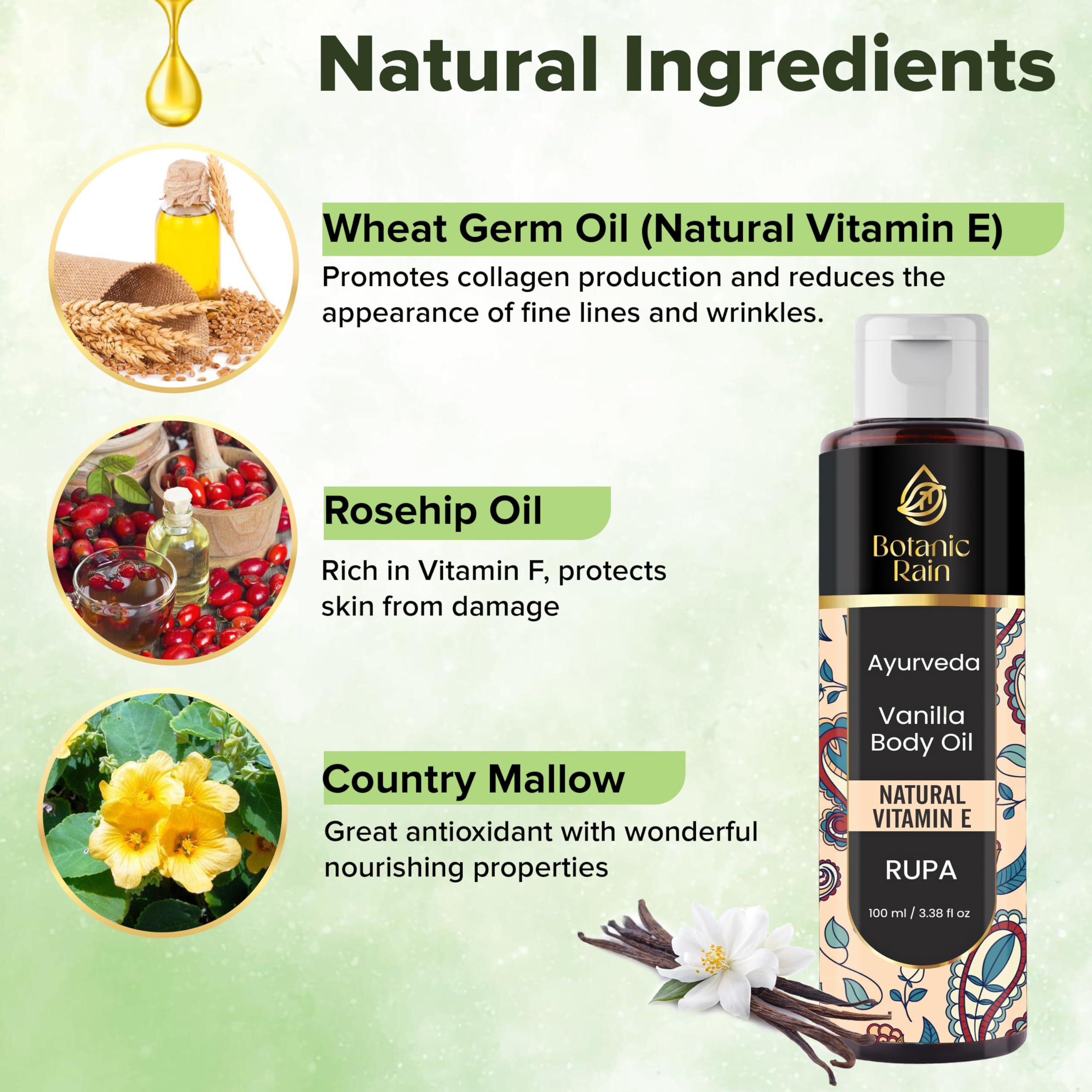 Botanic Rain Ayurveda Vanilla Body Oil, Moisturizing & Hydrating Organic Vitamin E Oil, Body Oil For Women After Shower, Ayurved