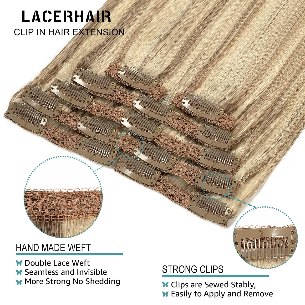 Lacer Hair Hair Extensions Clip In Human Hair Thick Straight Hair Light Brown Highlights Platinum Blonde Color Clip On Real Hair