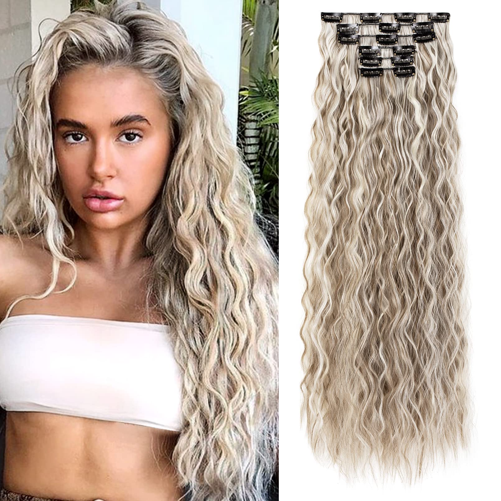 LONAI Clip In Hair Extensions, 6PCS Curly 24'' Long Synthetic Clip On Hairpiece For Women Ash Brown with Blonde Highlights