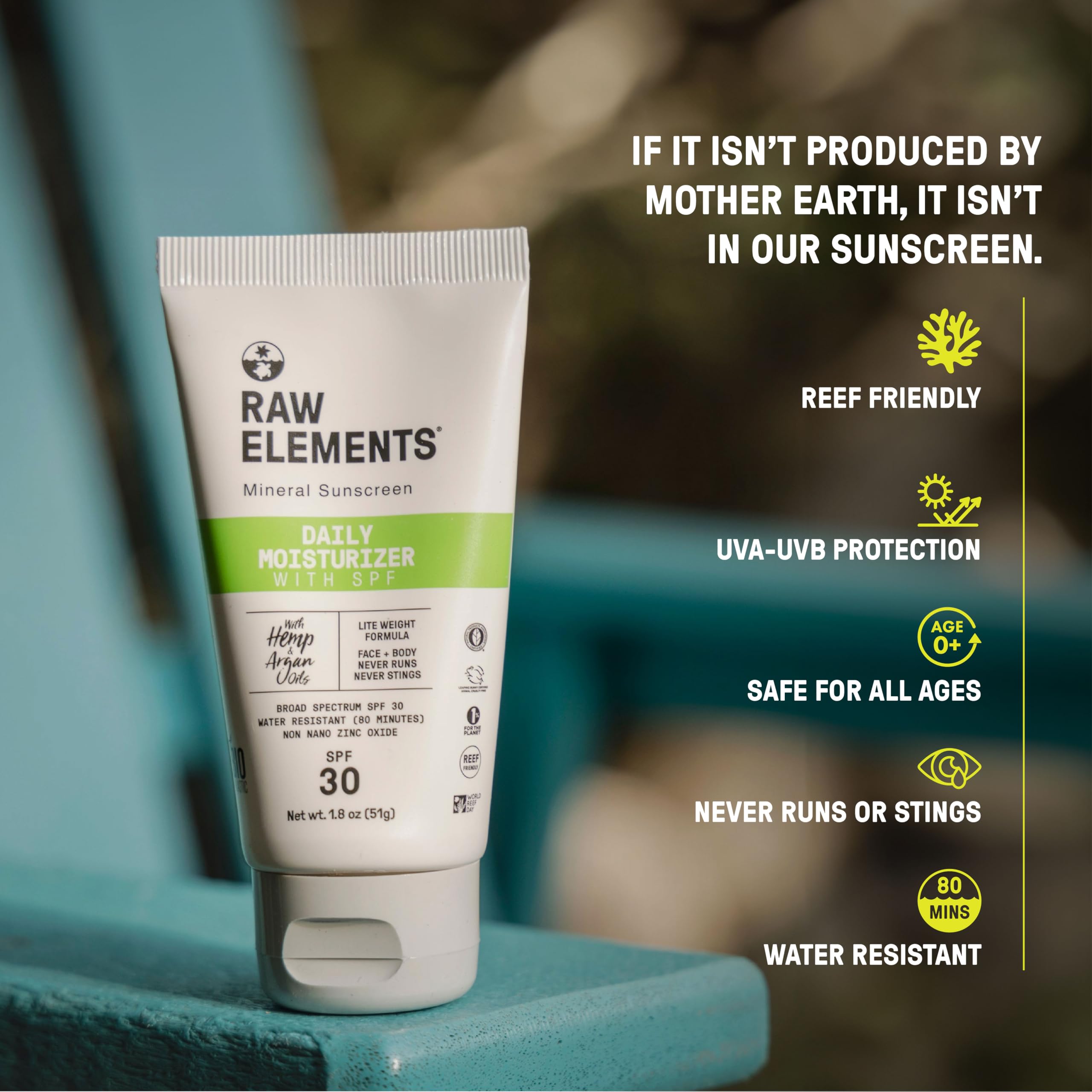 Raw Elements Daily Lifestyle Moisturizer Bio-Resin Tube - SPF 30, UVA-UVB Protection, Non-Nano Zinc, Reef-Safe, Water Resistant,