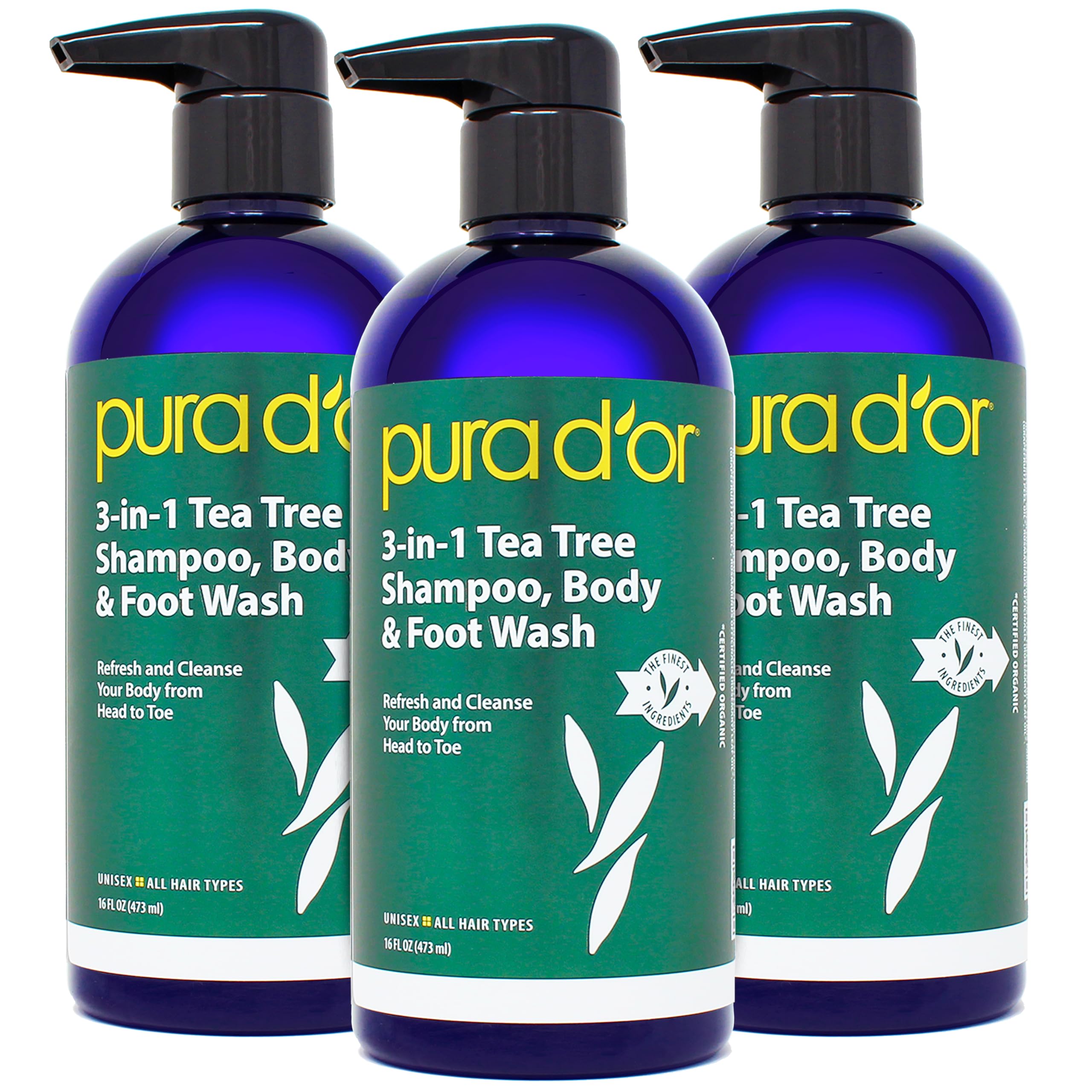 PURA D'OR 3-in-1 Tea Tree Shampoo, Body & Foot Wash, Shampoo (16oz x3 = 48oz) Total Body Care - Foot Odor & Daily Hygiene, Clean