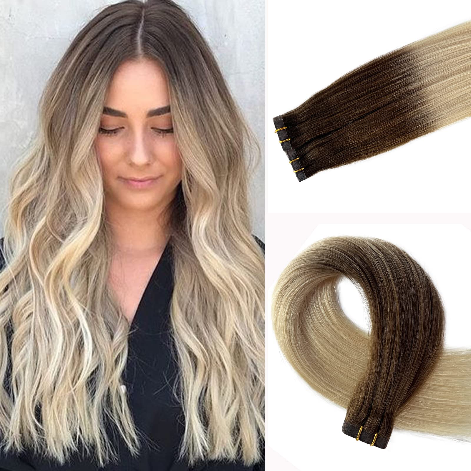 Munx Tape In Hair Extensions 18Inch Omber Ash Brown To Platinum Blonde Balayage Skin Weft Human Hair Extensions Tape In Remy Hai
