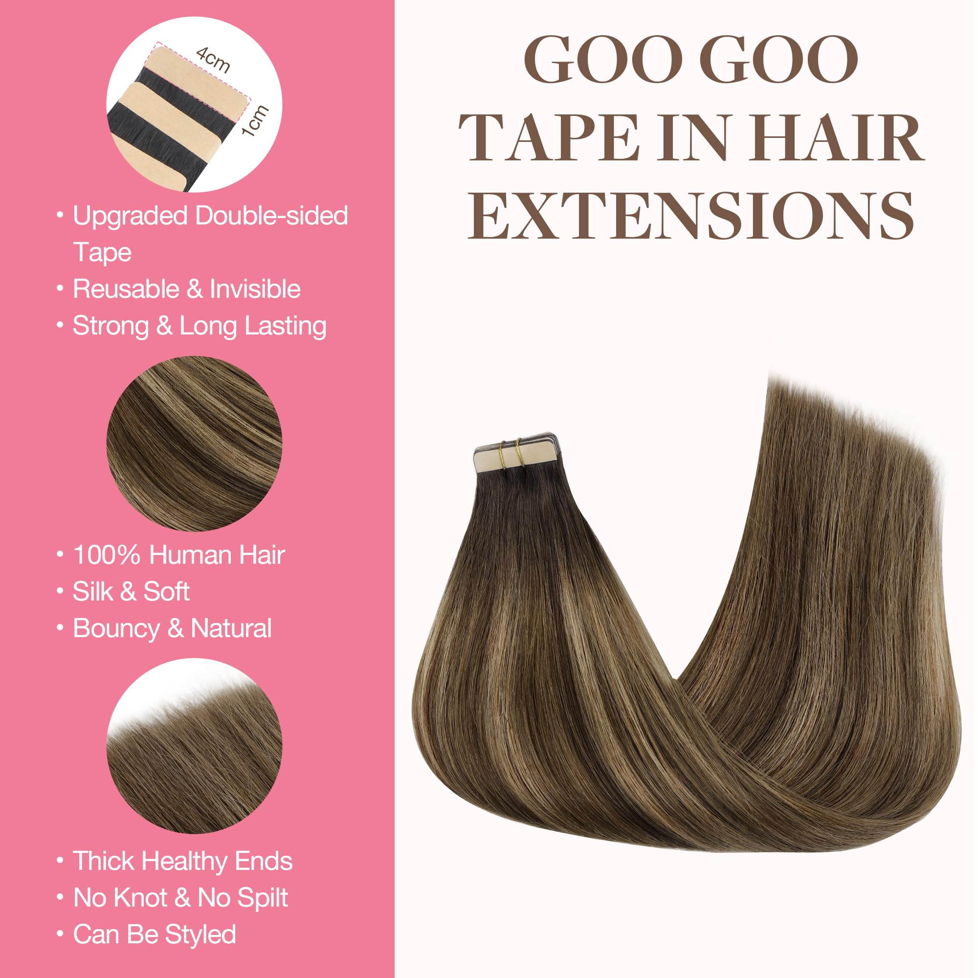 Goo Goo Tape In Hair Extensions Human Hair, 4D/14/5B Brunette Balayage, 14Inch 100G 40Pcs, Thick Ends Straight Seamless Tape In,