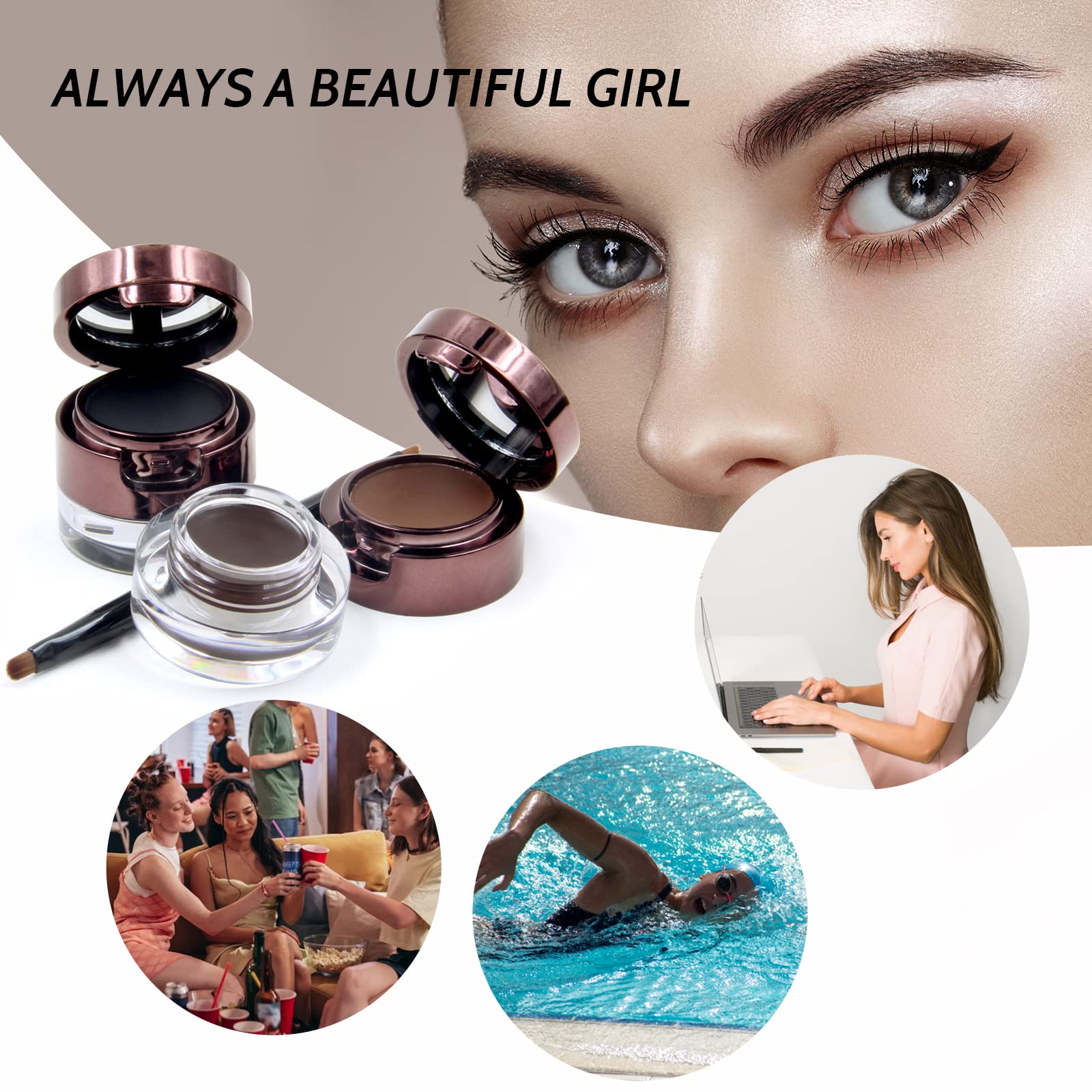 Music Flower Gel Eyeliner Eyebrow Powder, Black And Brown Waterproof Smudgeproof Long Lasting Makeup Eyeliner Gel With Brush Mir