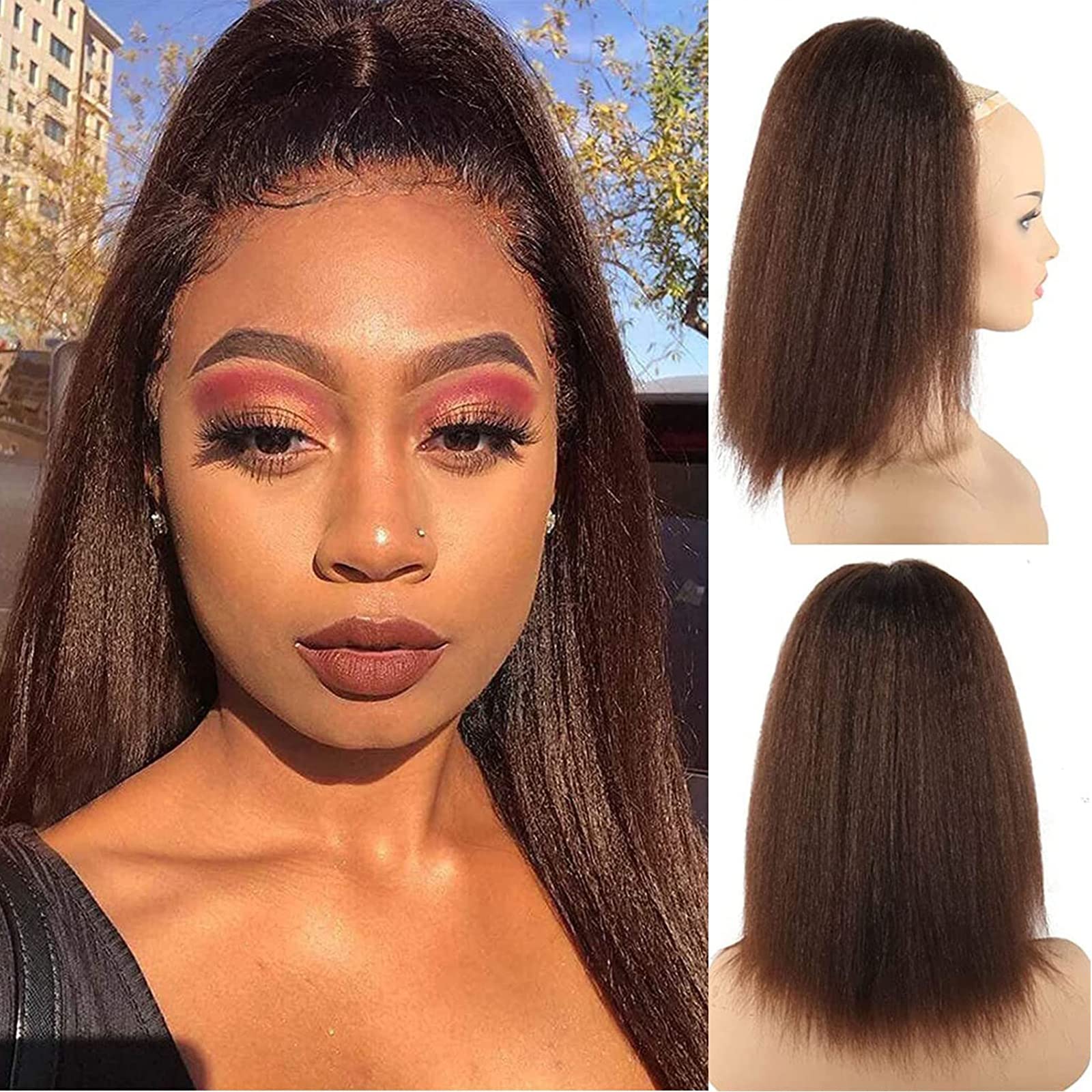 LEOSA Ponytail Extension 14 inch Yaki Straight Drawstring Ponytails for Black Women Short Natural Brown Kinky Straight Drawstrin