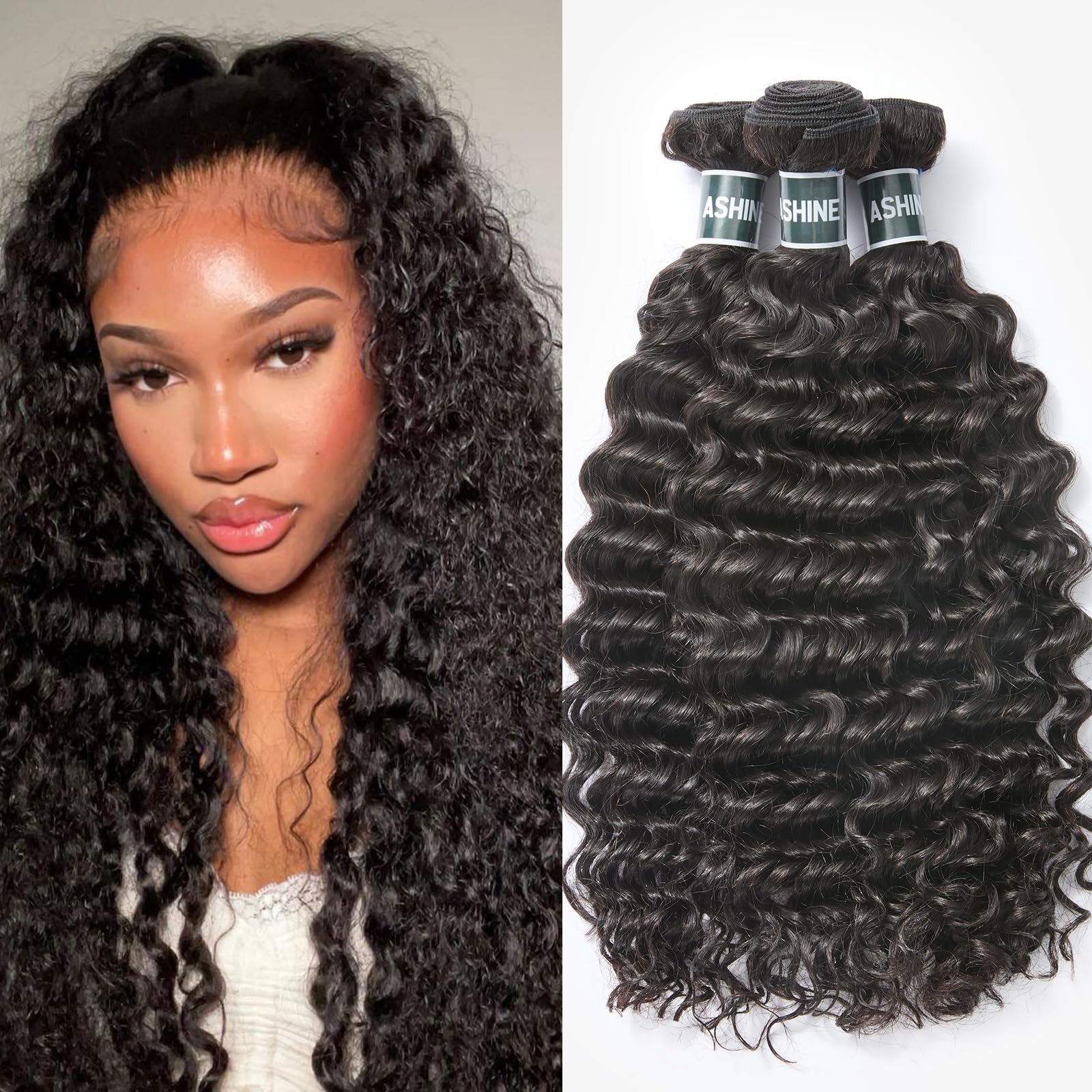 ASHINE Human Hair Bundles Deep Wave Unprocessed Cambodian Raw Hair 14 16 18 Inch, Flip Over Quick Weave Wet and Wave Bundles for