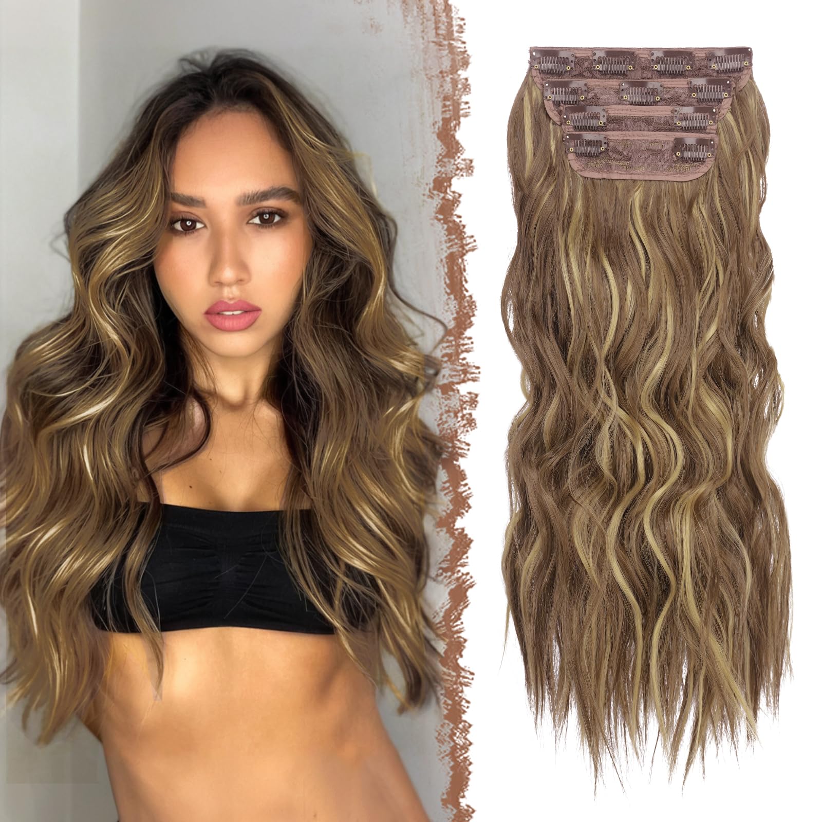 FESHFEN Clip in Hair Extensions 4 PCS Light Brown & Blonde Thick Highlighted Hairpieces Long Wavy Clip in Hair Piece Full Head S