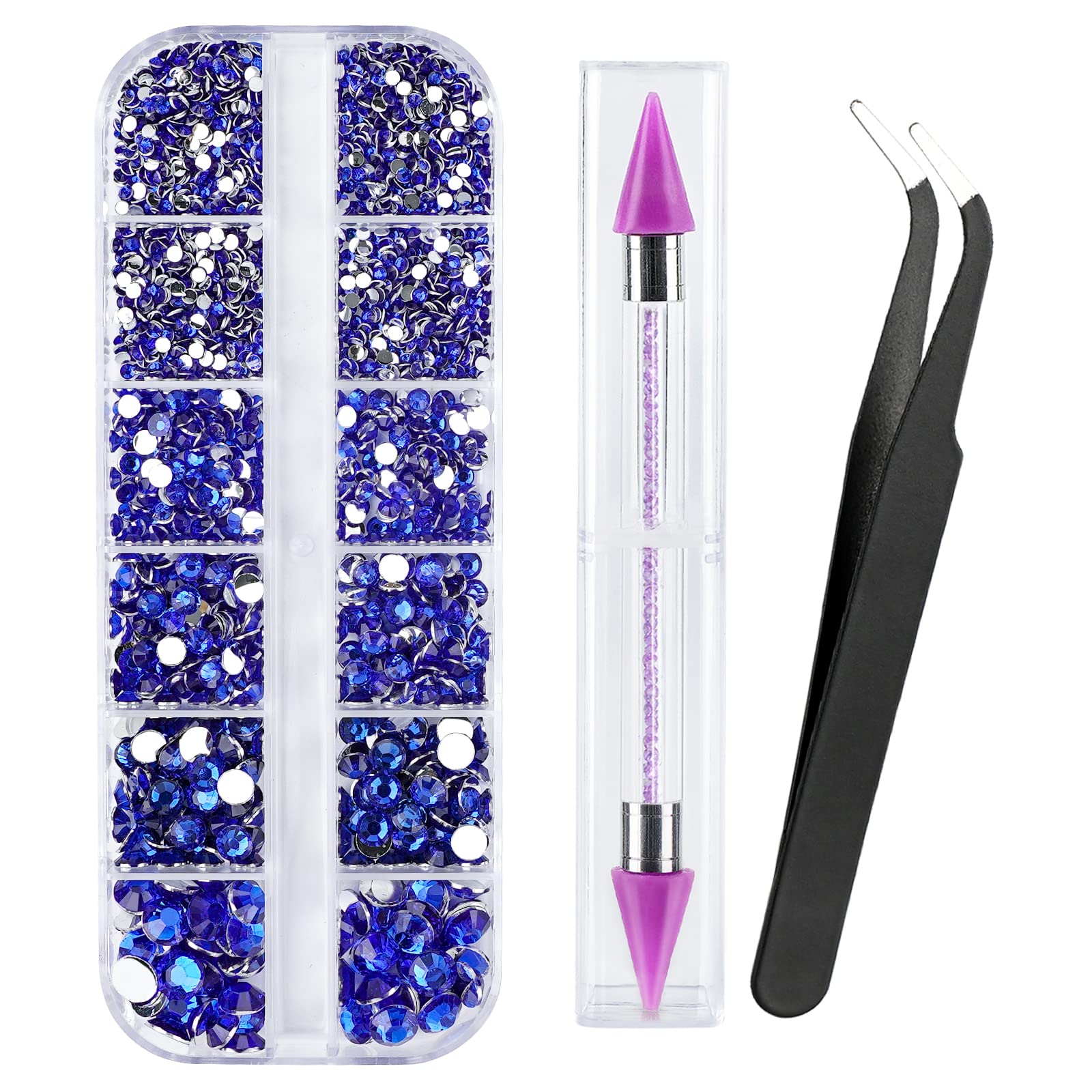 Canvalite 1500PCS Blue Rhinestones Flat Back Gems, Nail Rhinestones Nail Art Gems with Pick Up Tweezers and Rhinestone Picker Do