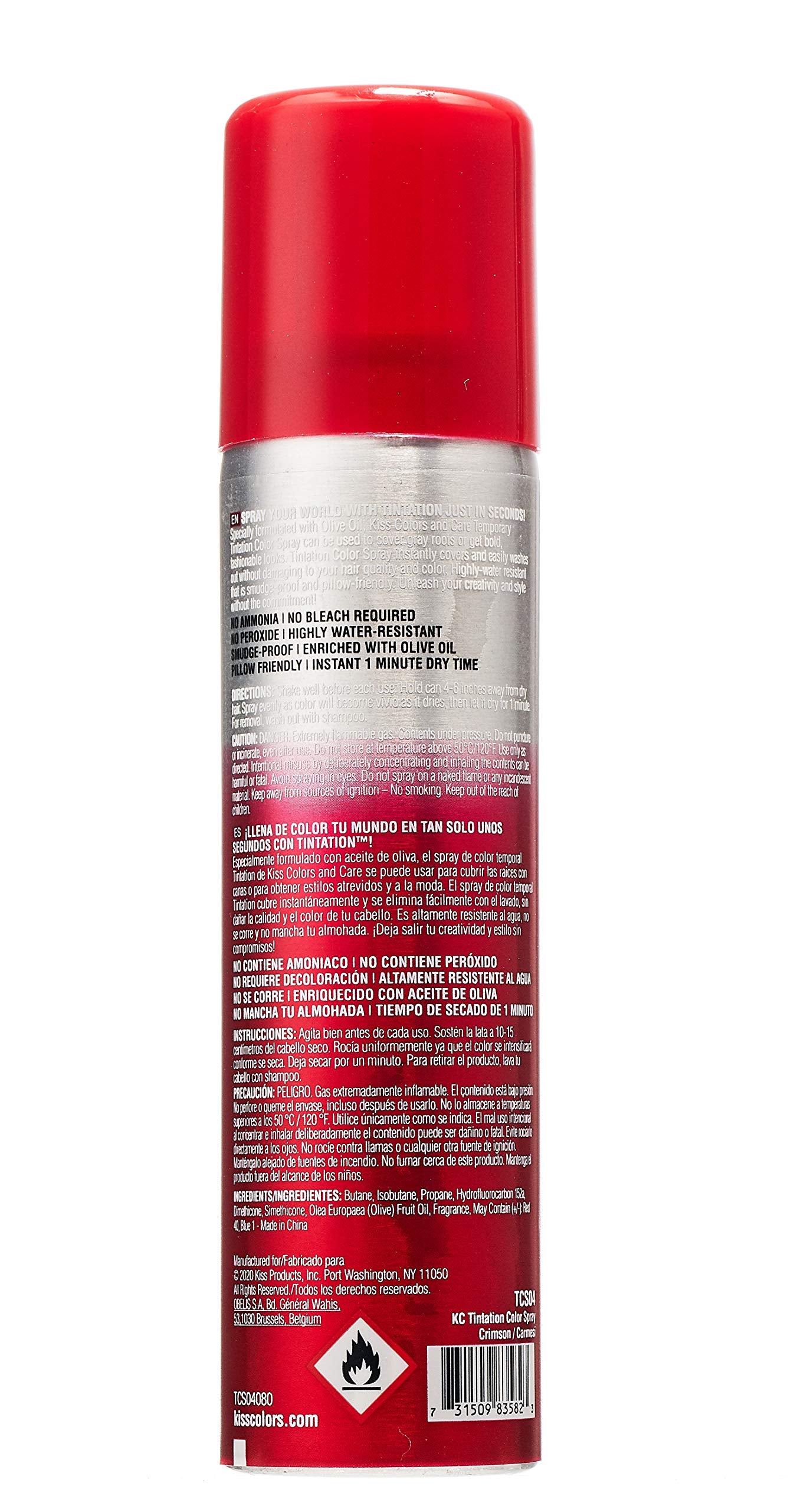 Red By Kiss Tintation Temporary Hair Color Spray 2.82Oz, Quick-Dry & Smudge-Proof, Vivid Color Washable Hair Dye, Styling Spray