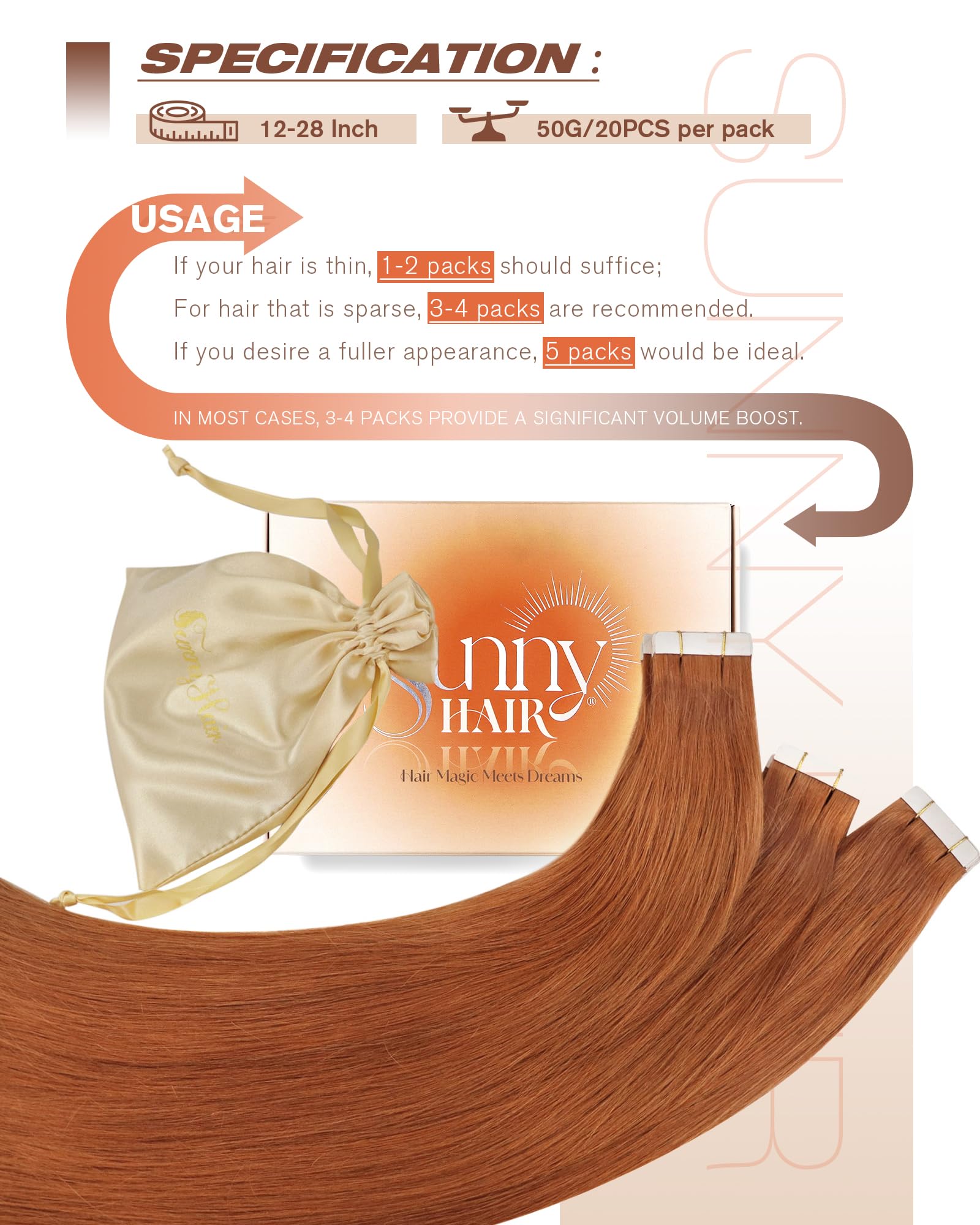 Sunny Hair Tape in Hair Extensions Real Human Hair Invisible Remy Hair Extensions Tape ins for Women Copper Red 22 inch 20Pcs 50