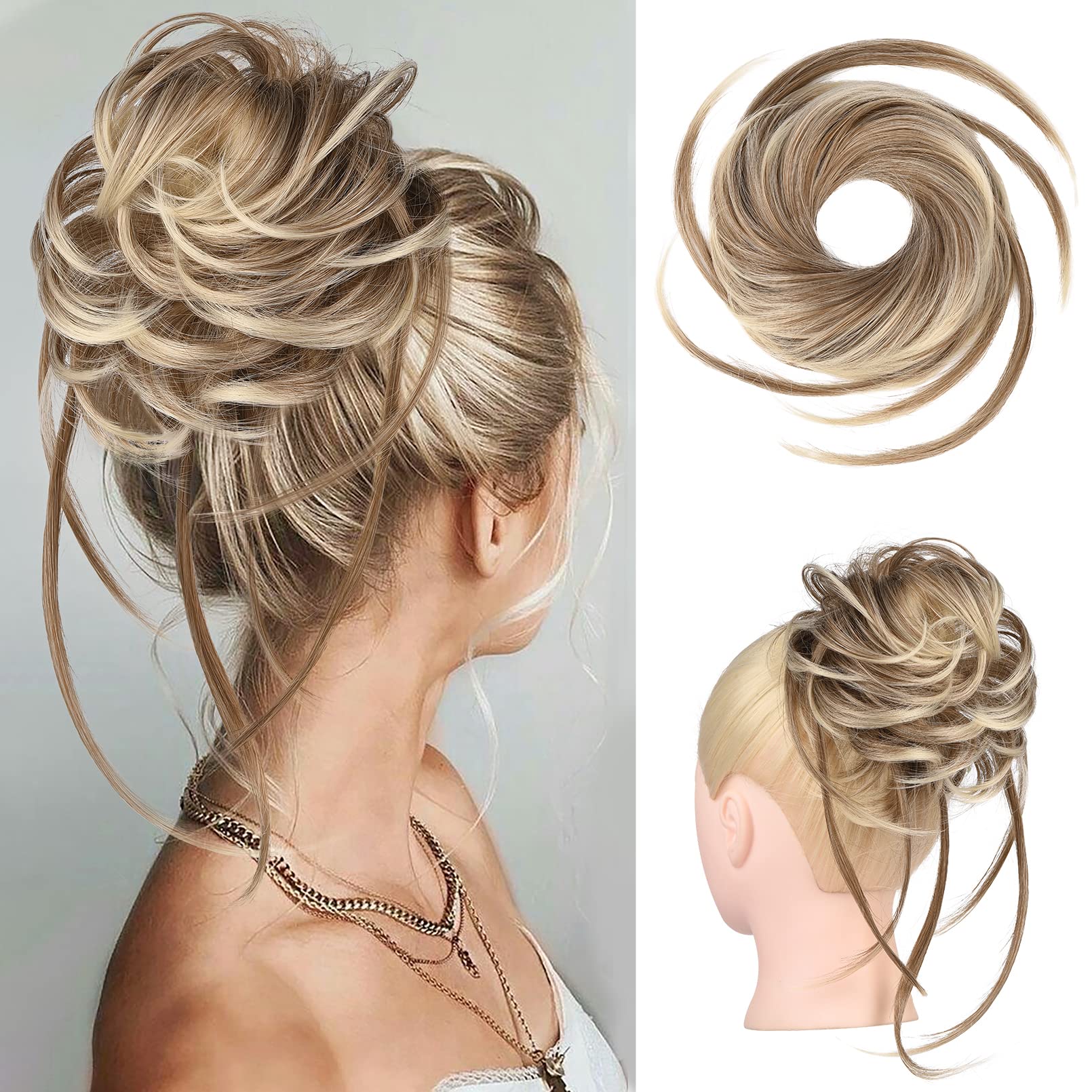 HOOJIH Messy Bun Hair Piece, Super Long Tousled Updo Hair Bun Extensions Wavy Hair Wrap Ponytail Hairpieces Hair Scrunchies with