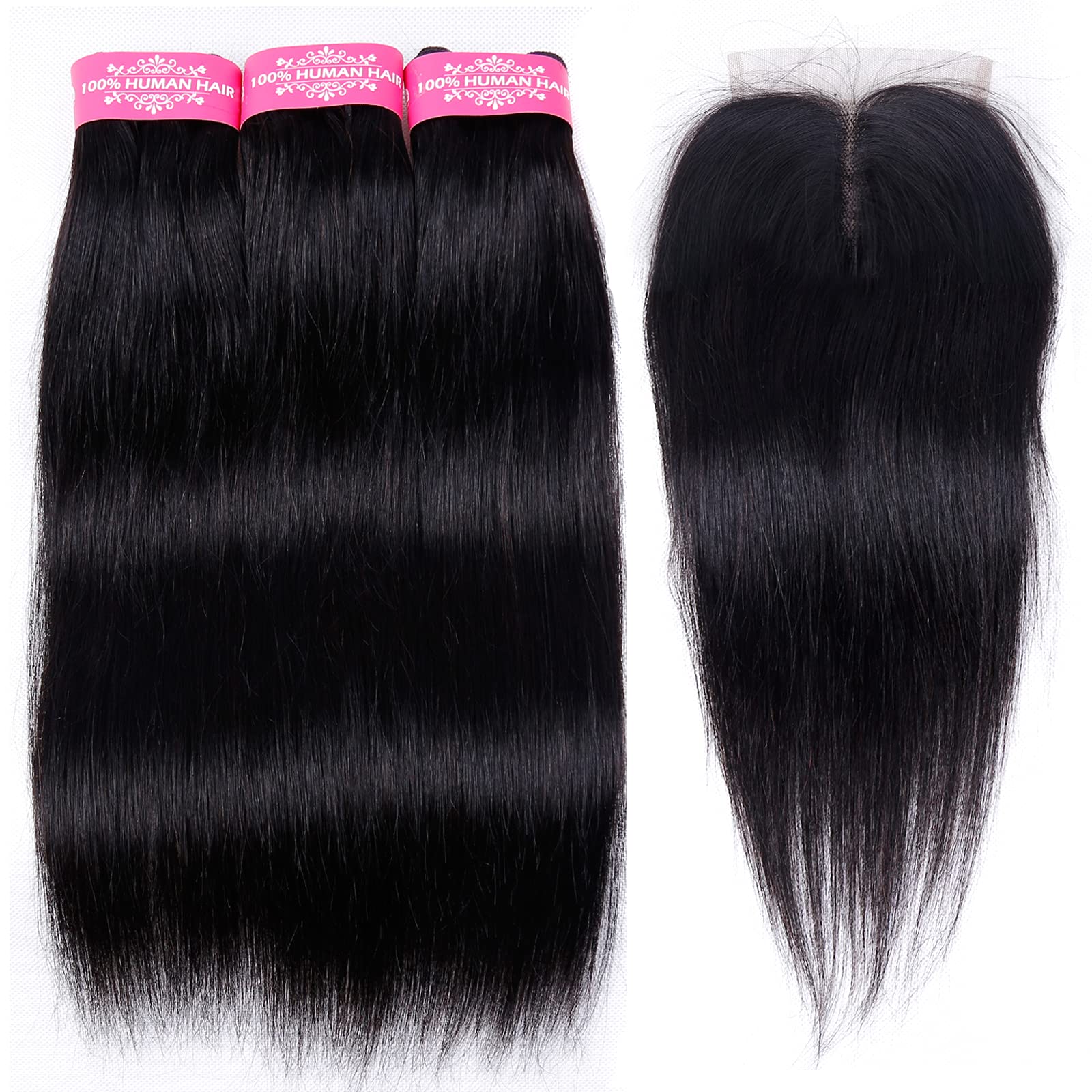 Straight Human Hair Bundles With Closure(12 14 16+10) Brazilian Virgin Human Hair Bundles With Middle Part Closure 10A Straight