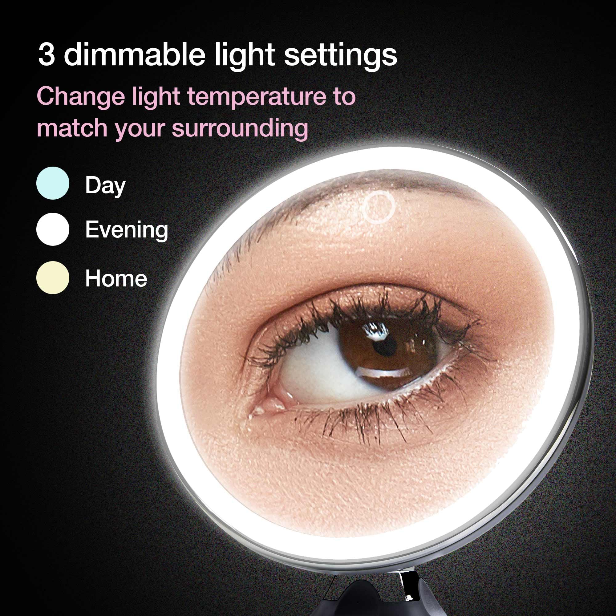Fancii 10X Magnifying Makeup Mirror - 8" Lighted Travel Vanity Mirror, Chrome, 40 Dimmable LEDs, 12H Battery Life, Model FC-RLMMM10